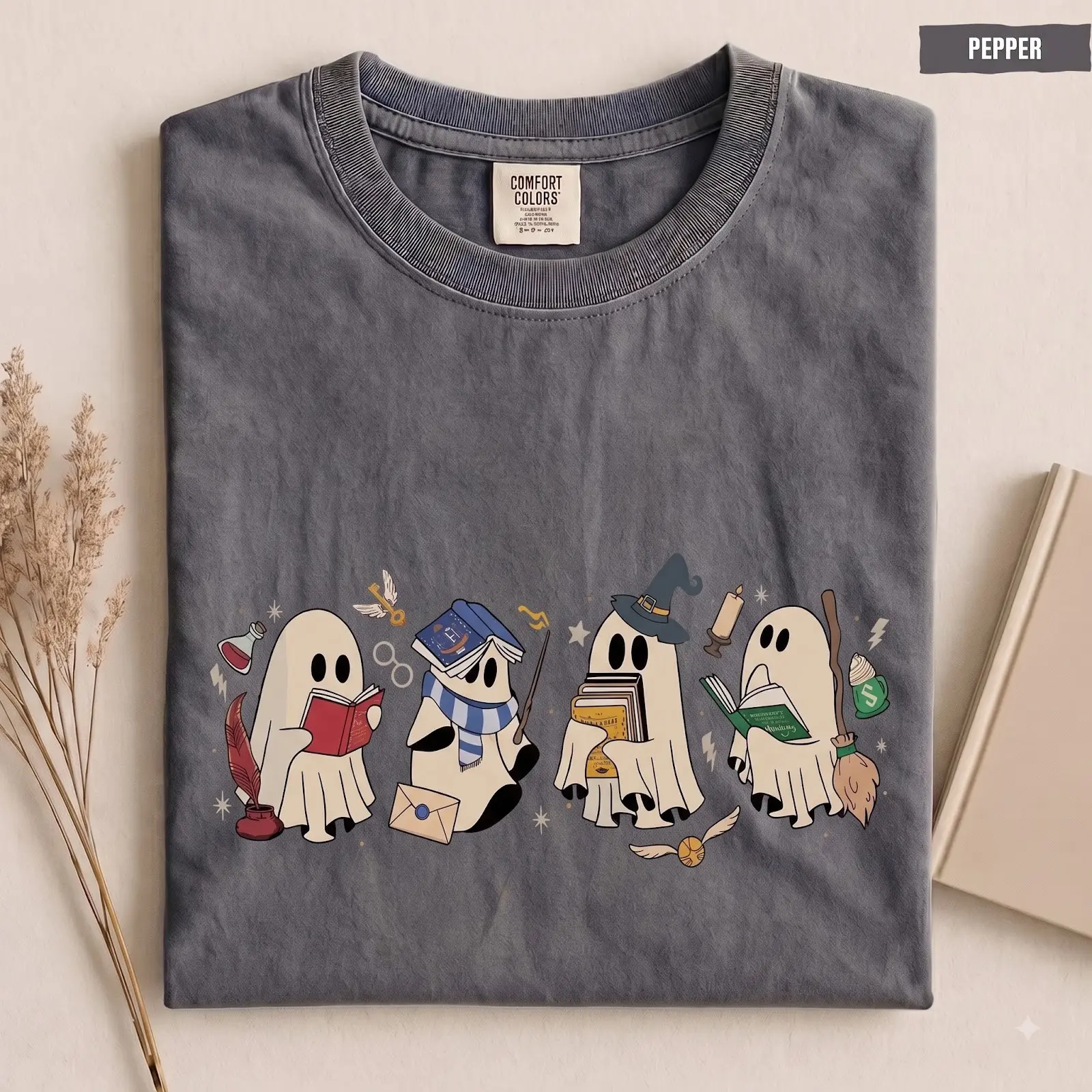 Comfort Colors Funny Wizard Ghost Halloween Shirt, Bookish Book Lover Spooky Season Graphic Tee - photo 2
