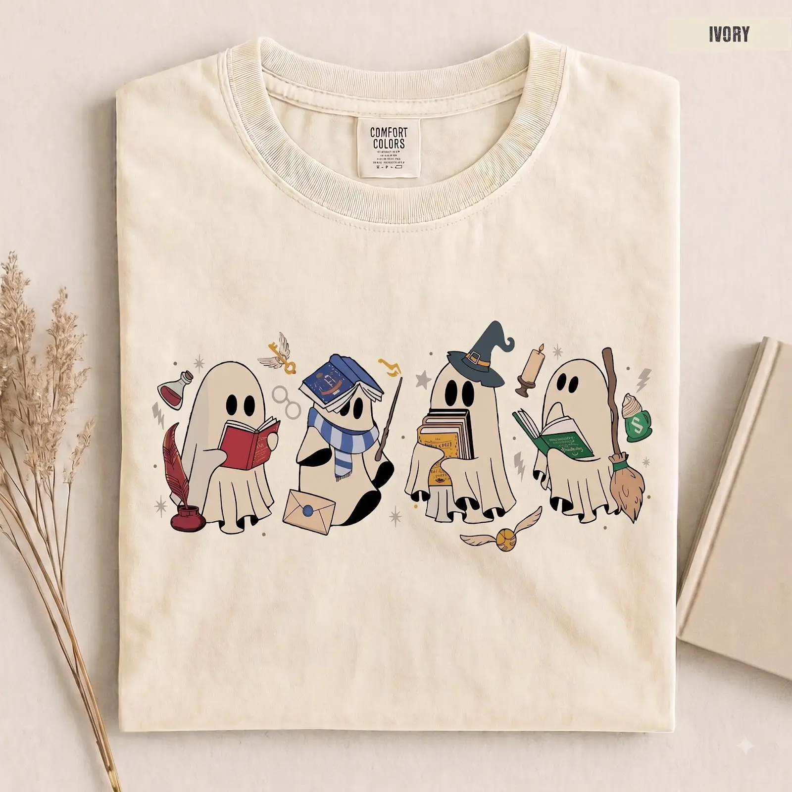 Comfort Colors Funny Wizard Ghost Halloween Shirt, Bookish Book Lover Spooky Season Graphic Tee - photo 4