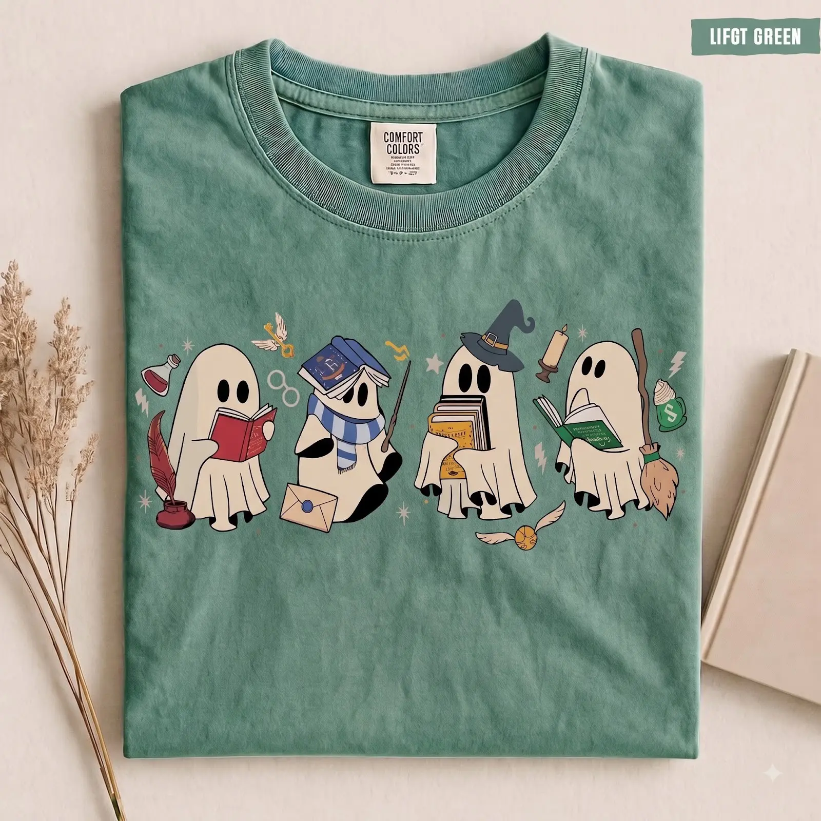 Comfort Colors Funny Wizard Ghost Halloween Shirt, Bookish Book Lover Spooky Season Graphic Tee - photo 5