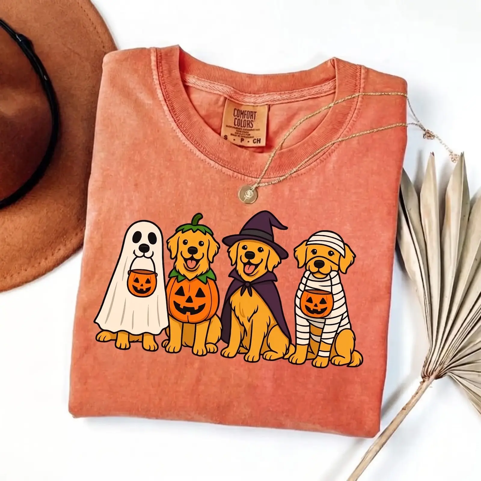 Comfort Color Golden Retriever Halloween T Shirt, Spooky Trick or Treat Dog - photo 2