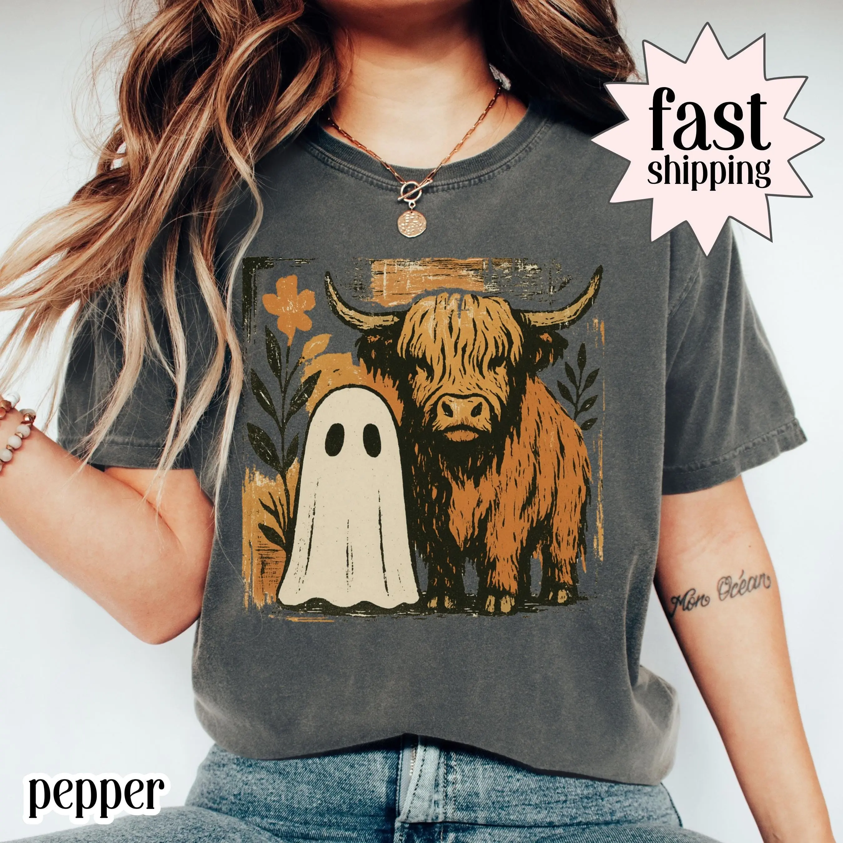 Comfort Colors Halloween Ghost Cow Shirt, Highland Cattle Western Fall Tee, Spooky Season Pumpkin Patch October Trick or Treat Top