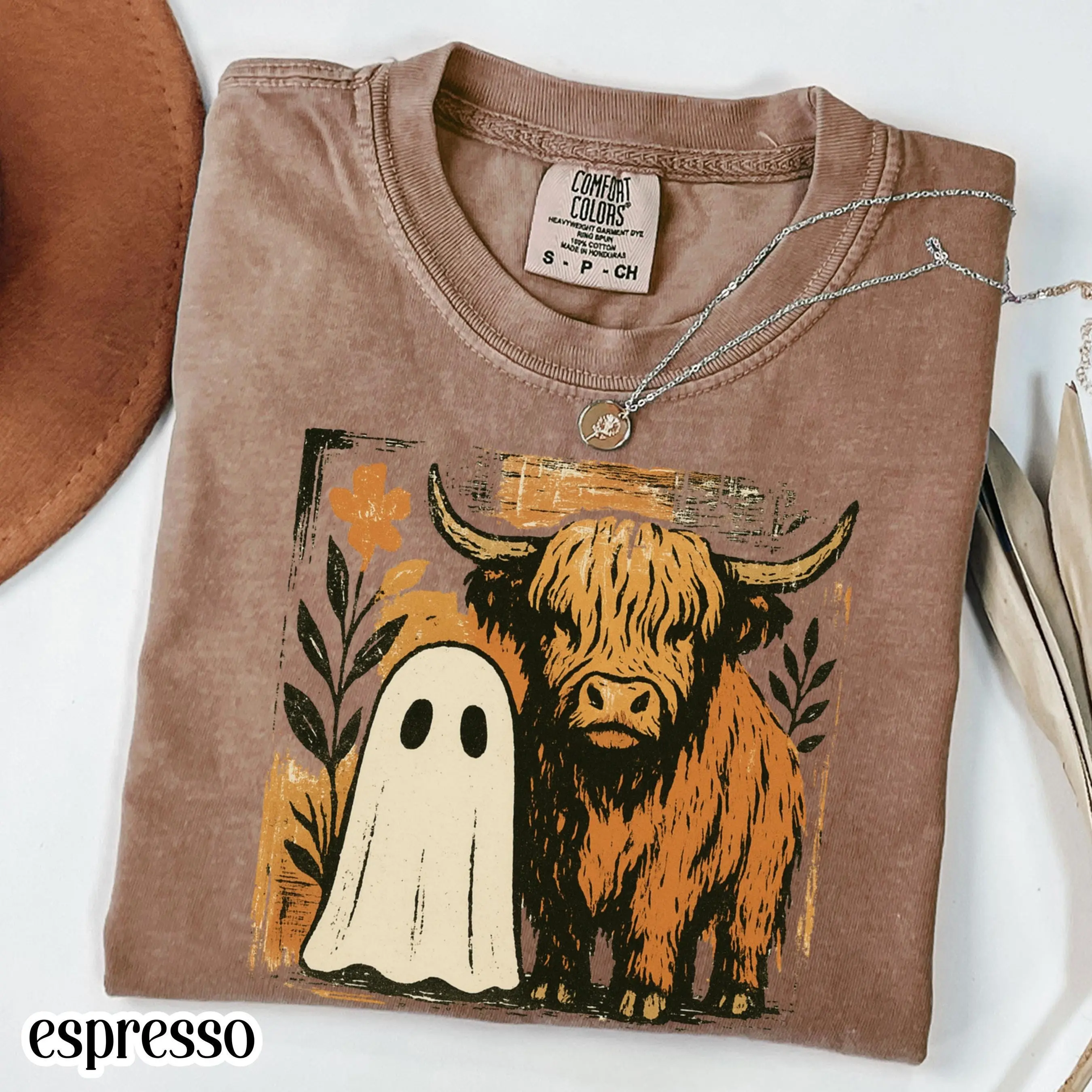 Comfort Colors Halloween Ghost Cow Shirt, Highland Cattle Western Fall Tee, Spooky Season Pumpkin Patch October Trick or Treat Top - photo 4