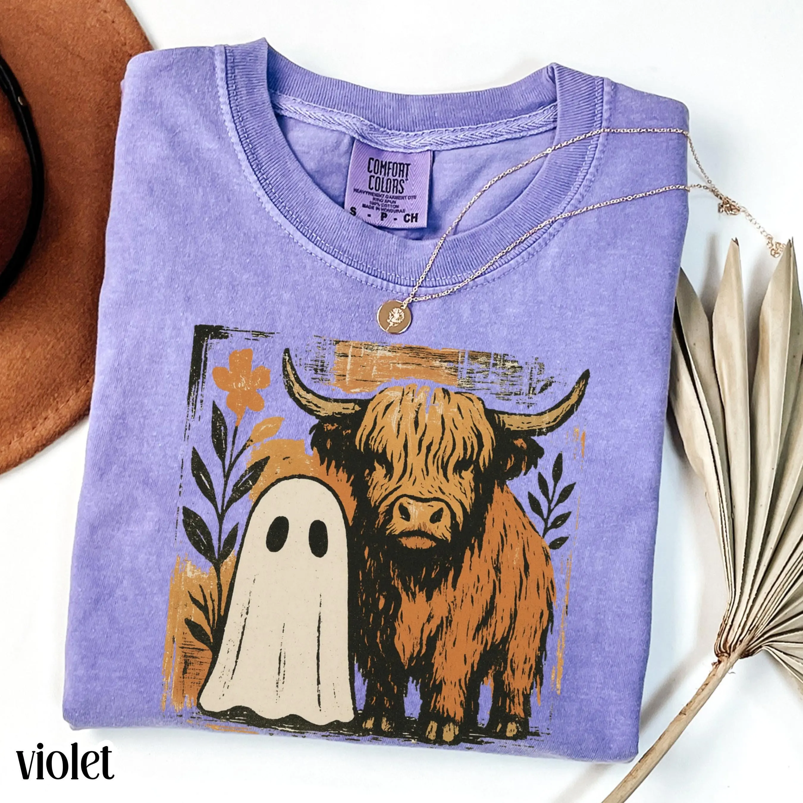 Comfort Colors Halloween Ghost Cow Shirt, Highland Cattle Western Fall Tee, Spooky Season Pumpkin Patch October Trick or Treat Top - photo 5