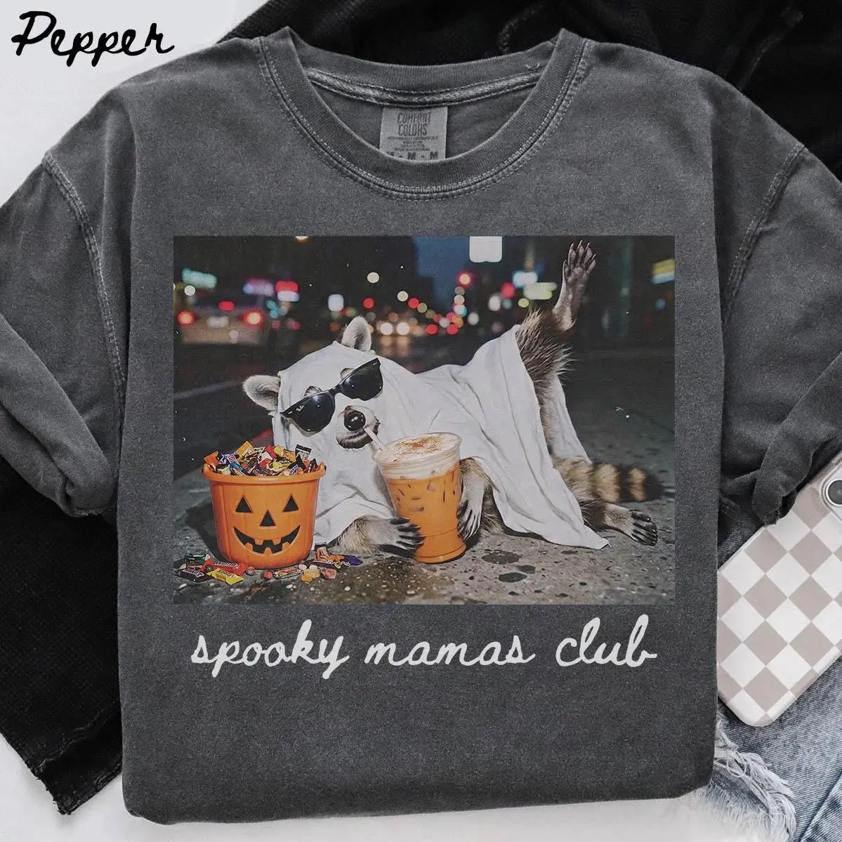 Comfort Color Halloween Raccoon Mama Shirt, Cute New Mother Trendy Fall Gift Tee