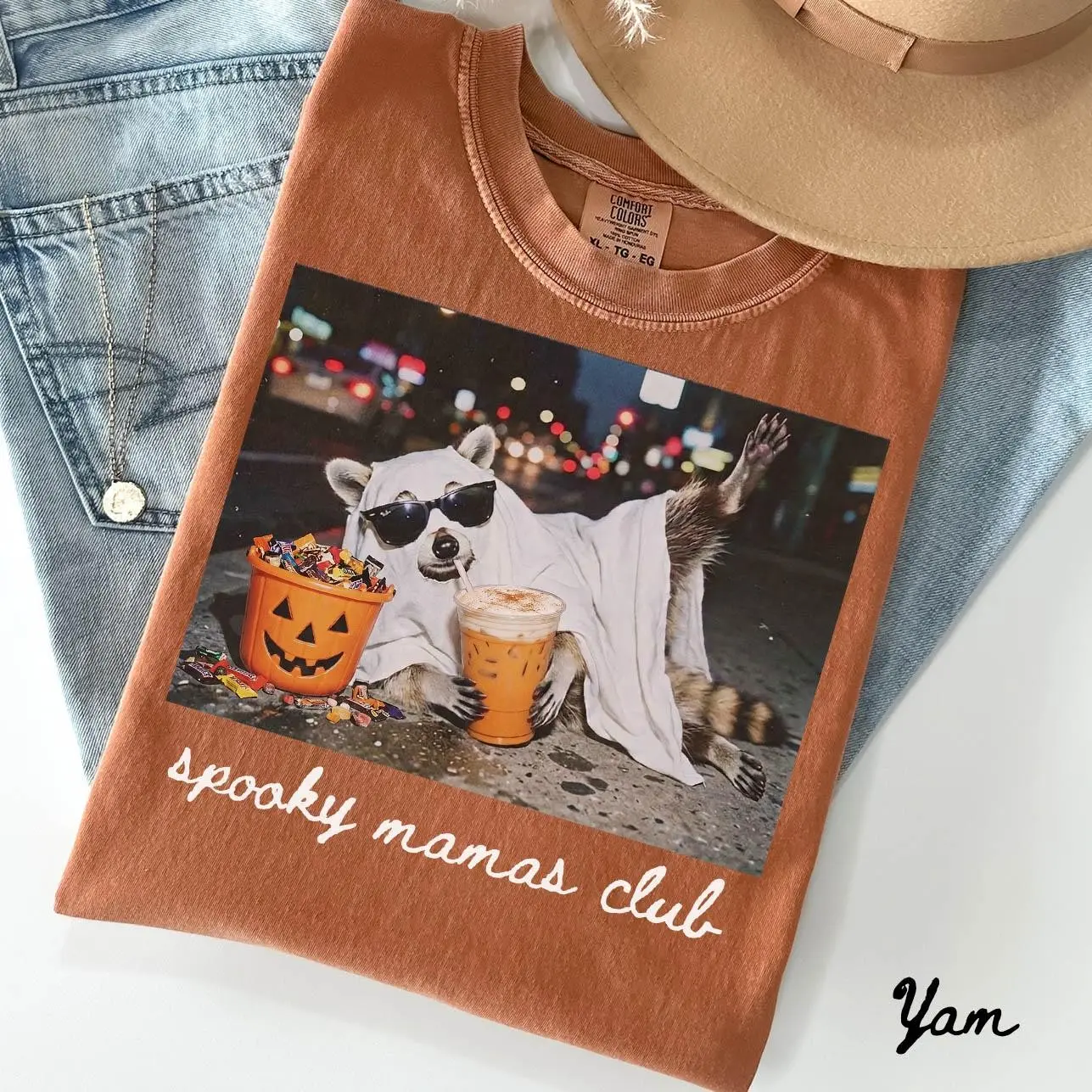 Comfort Color Halloween Raccoon Mama Shirt, Cute New Mother Trendy Fall Gift Tee - photo 2