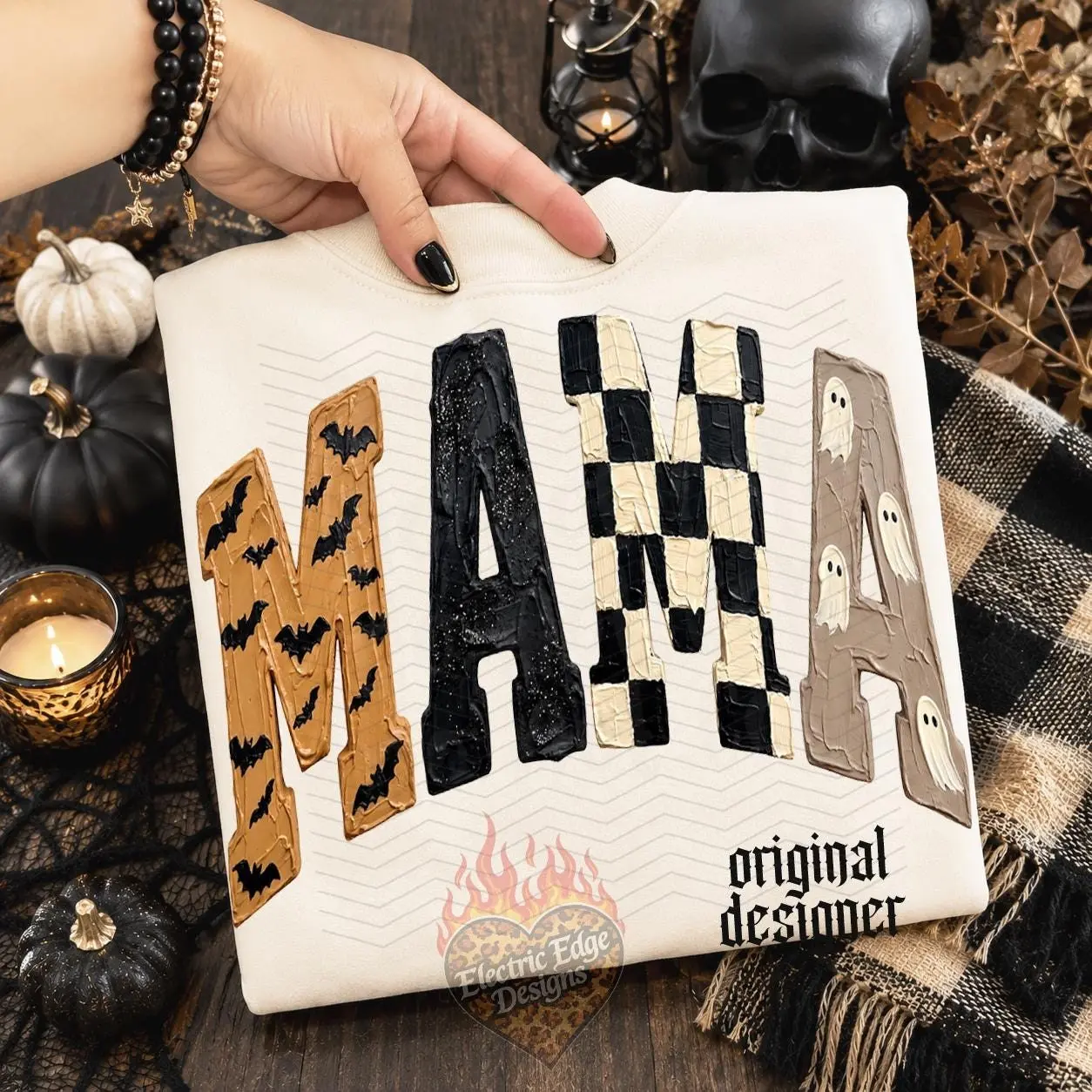 Comfort Color Halloween Mama, Spooky Season, Neutral Ghost Shirt, Edgy Mom Bat Design, Trendy Fall Checkered