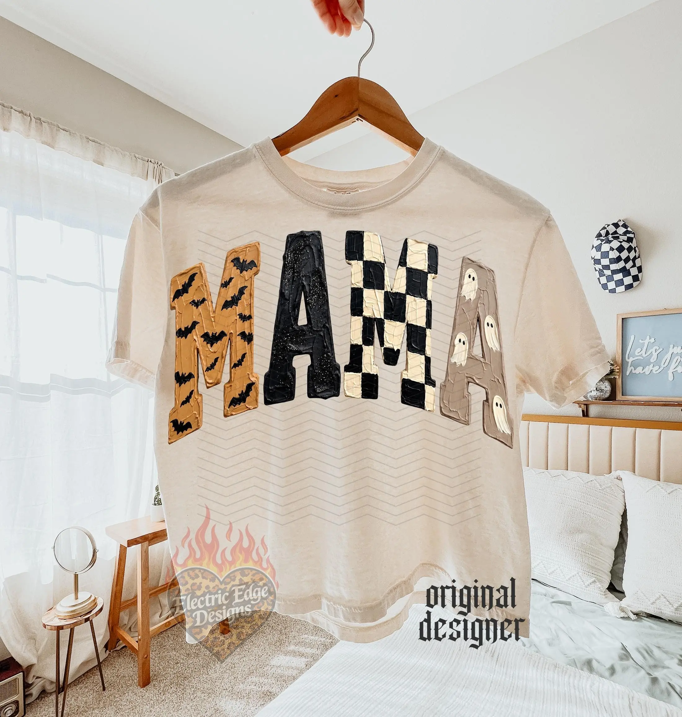 Comfort Color Halloween Mama, Spooky Season, Neutral Ghost Shirt, Edgy Mom Bat Design, Trendy Fall Checkered - photo 2