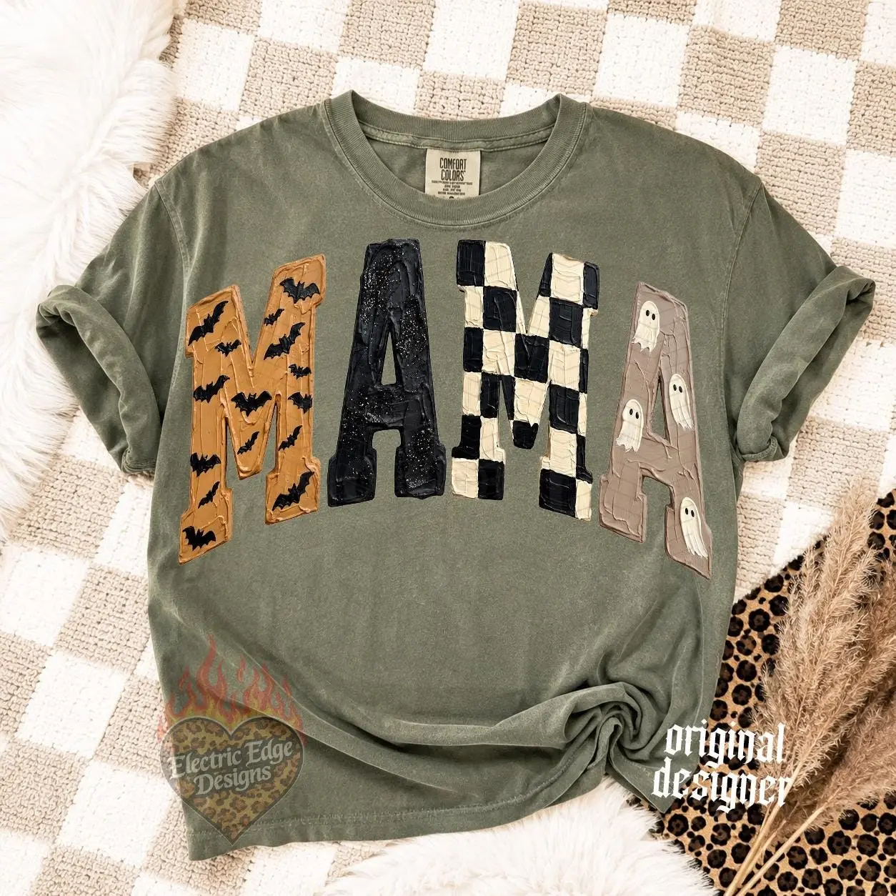 Comfort Color Halloween Mama, Spooky Season, Neutral Ghost Shirt, Edgy Mom Bat Design, Trendy Fall Checkered - photo 3