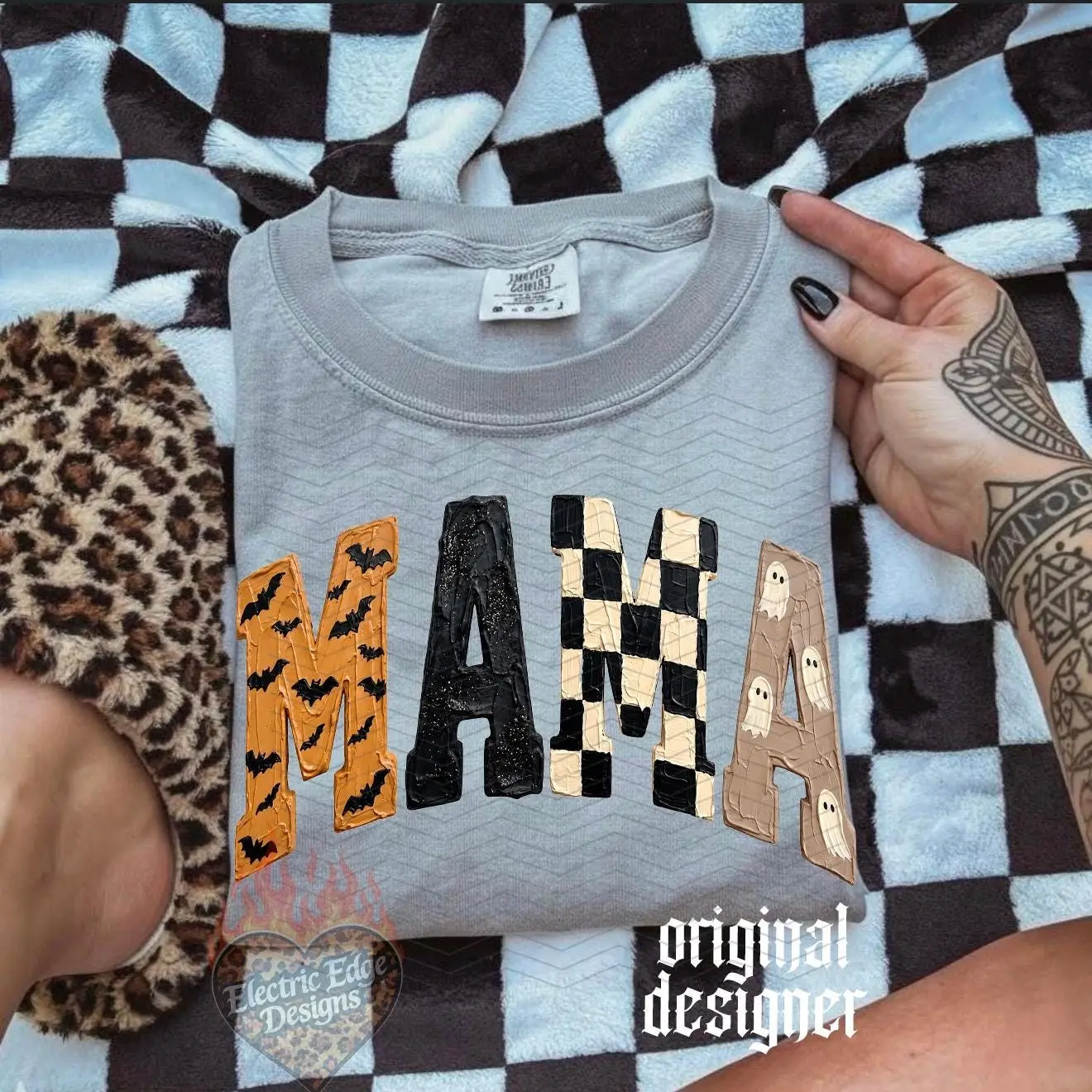 Comfort Color Halloween Mama, Spooky Season, Neutral Ghost Shirt, Edgy Mom Bat Design, Trendy Fall Checkered - photo 5