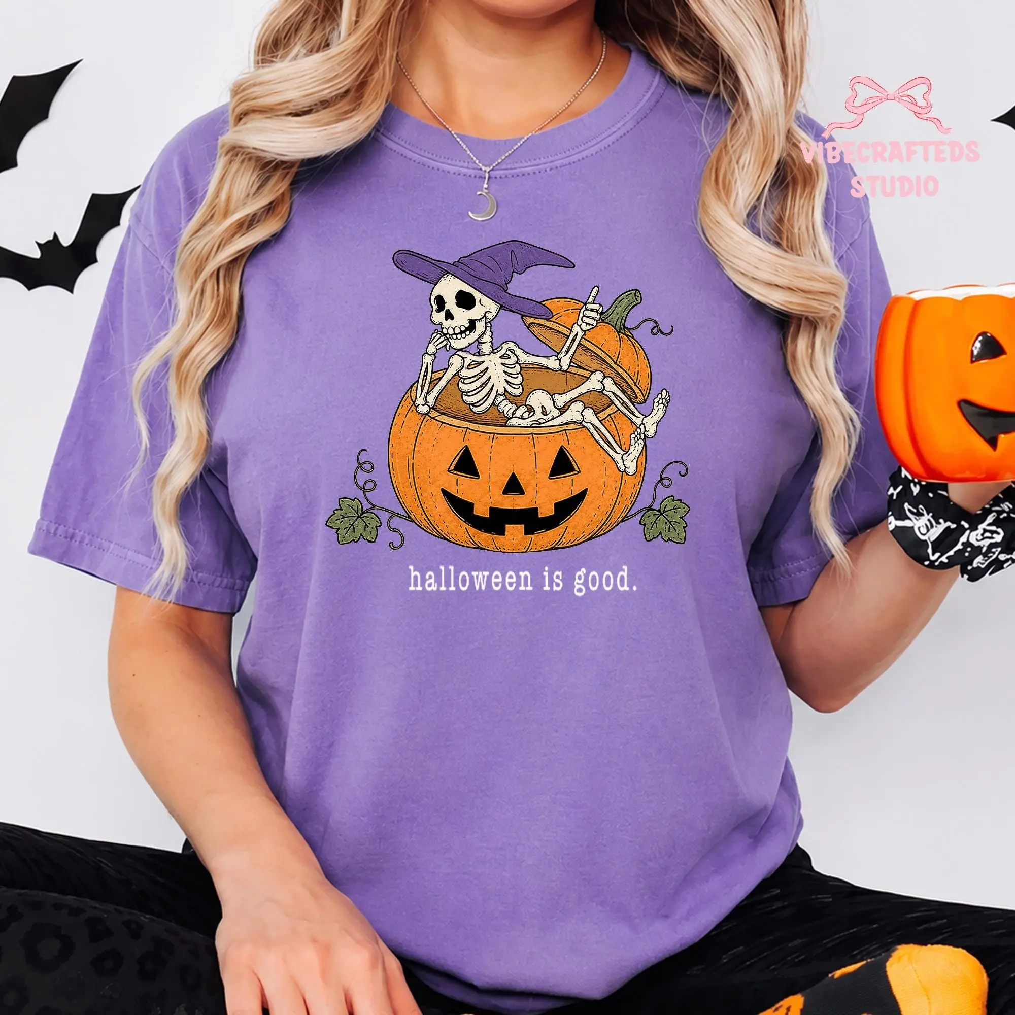 Comfort Colors Halloween Skeleton Sitting in Pumpkin Shirt, Funny Witch Hat Spooky Jack O Lantern Tee - photo 5