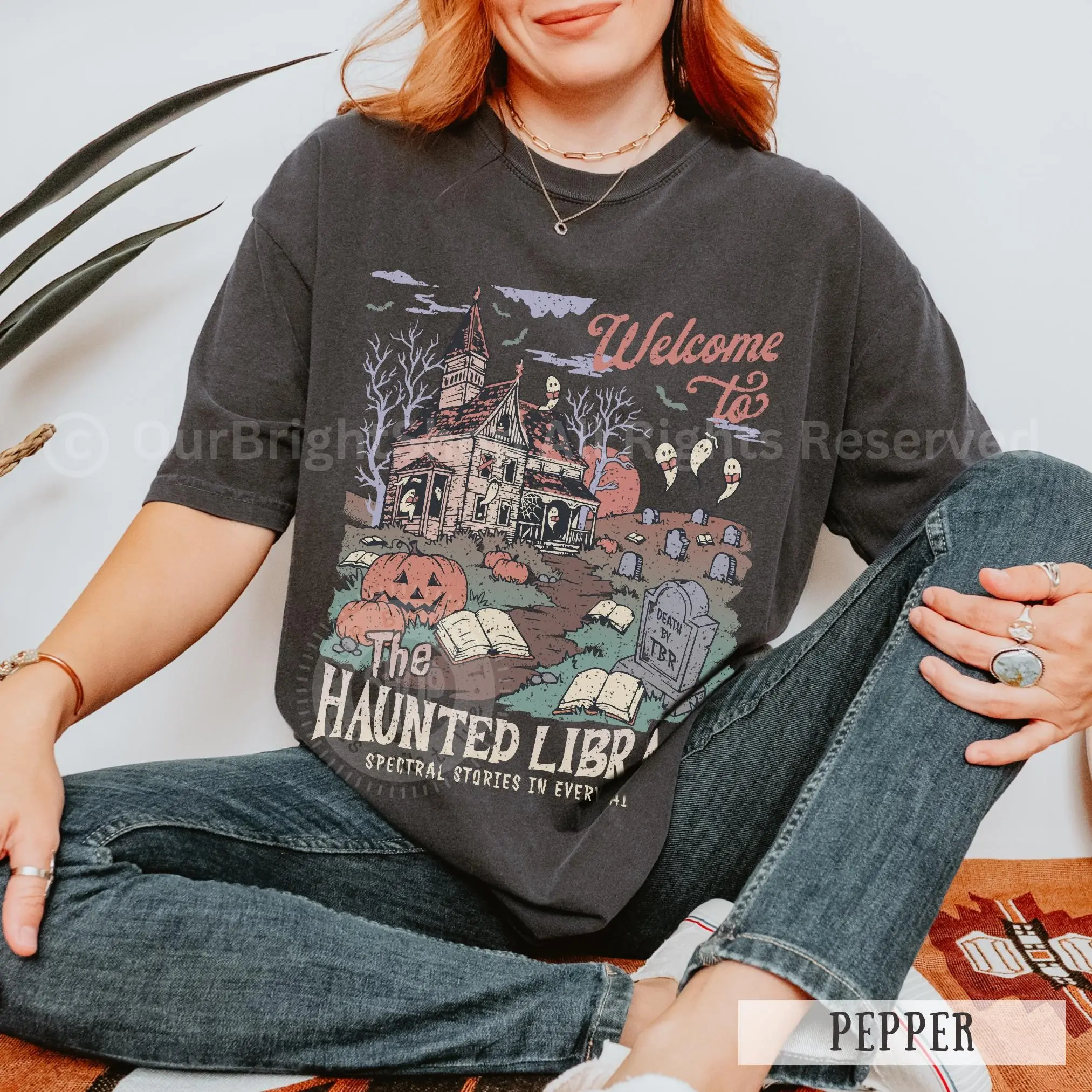 Comfort Colors Haunted Library Ghost Crewneck Tee, Funny Halloween Librarian Book Lover Spooky Reading Shirt