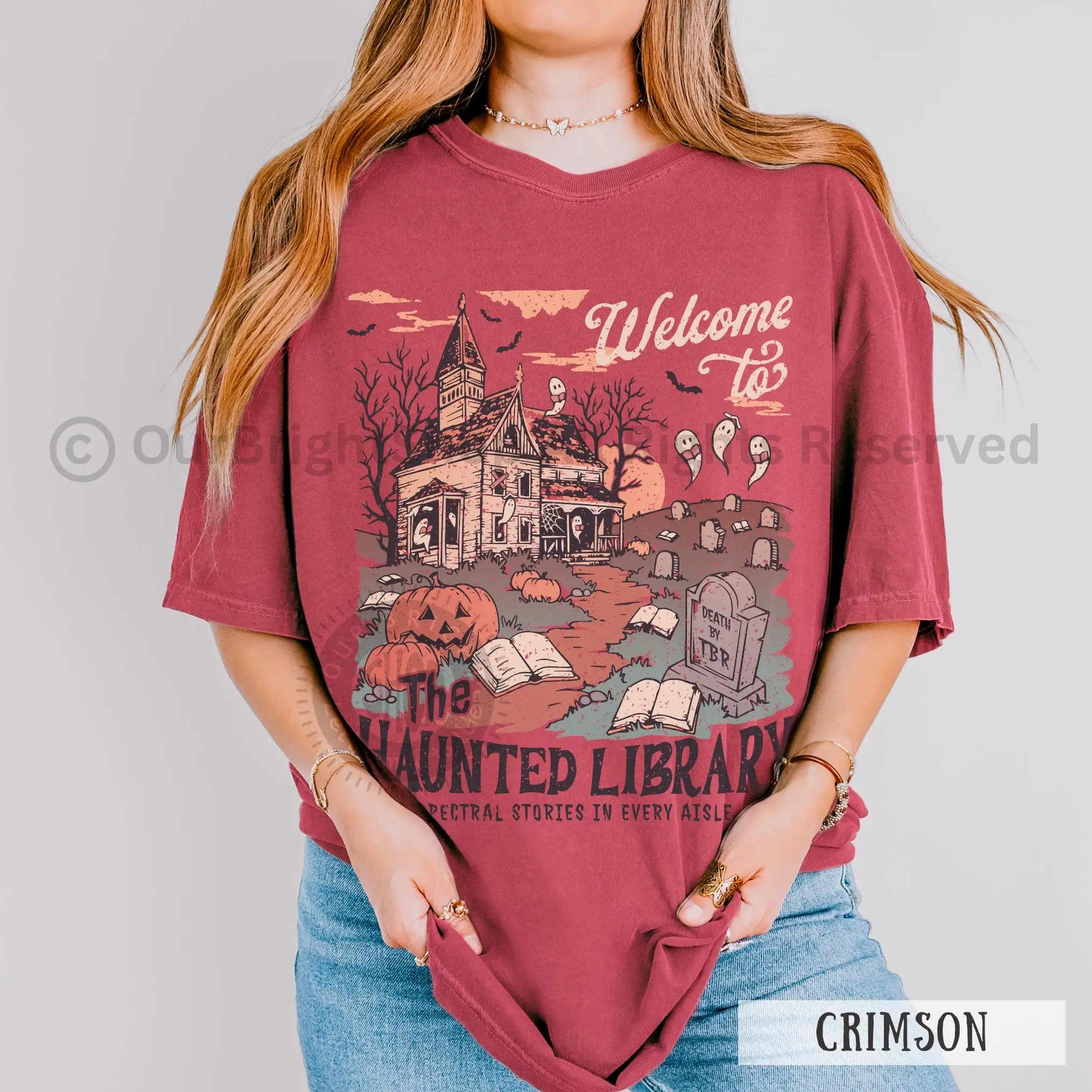 Comfort Colors Haunted Library Ghost Crewneck Tee, Funny Halloween Librarian Book Lover Spooky Reading Shirt - photo 2