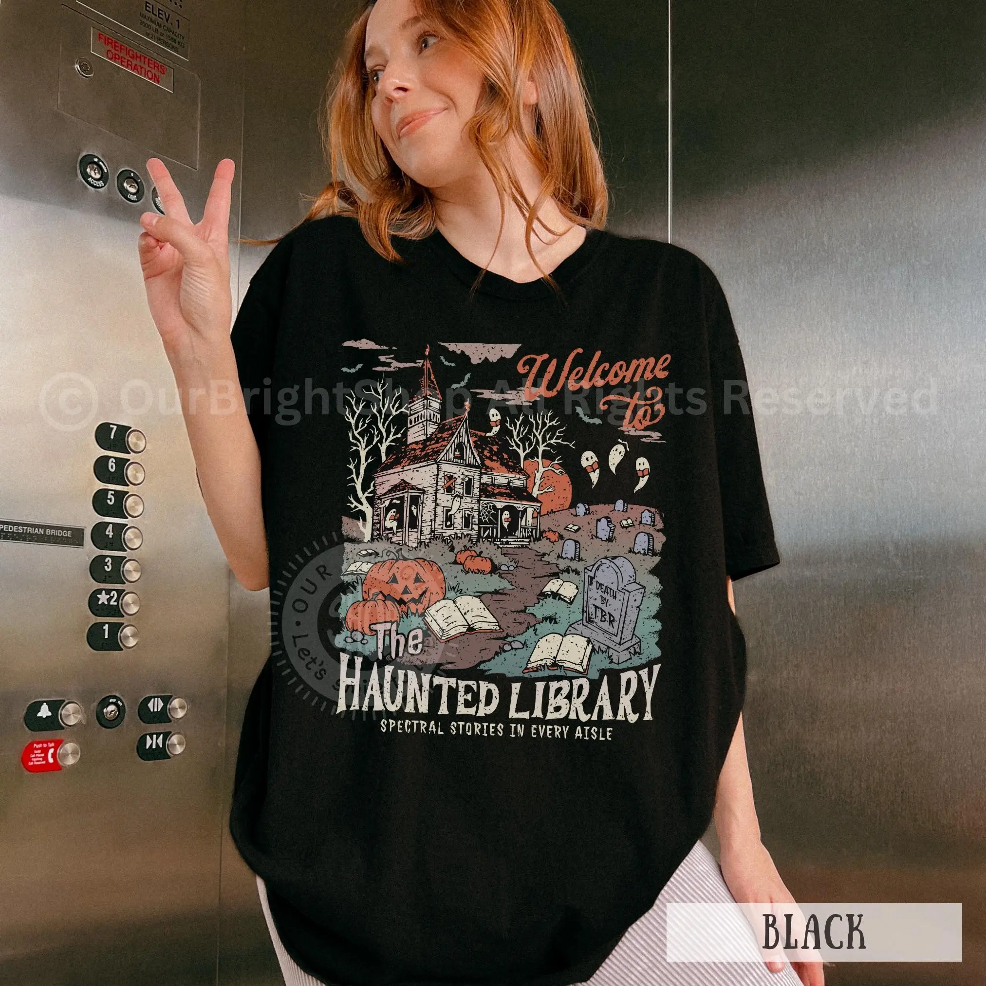 Comfort Colors Haunted Library Ghost Crewneck Tee, Funny Halloween Librarian Book Lover Spooky Reading Shirt - photo 3