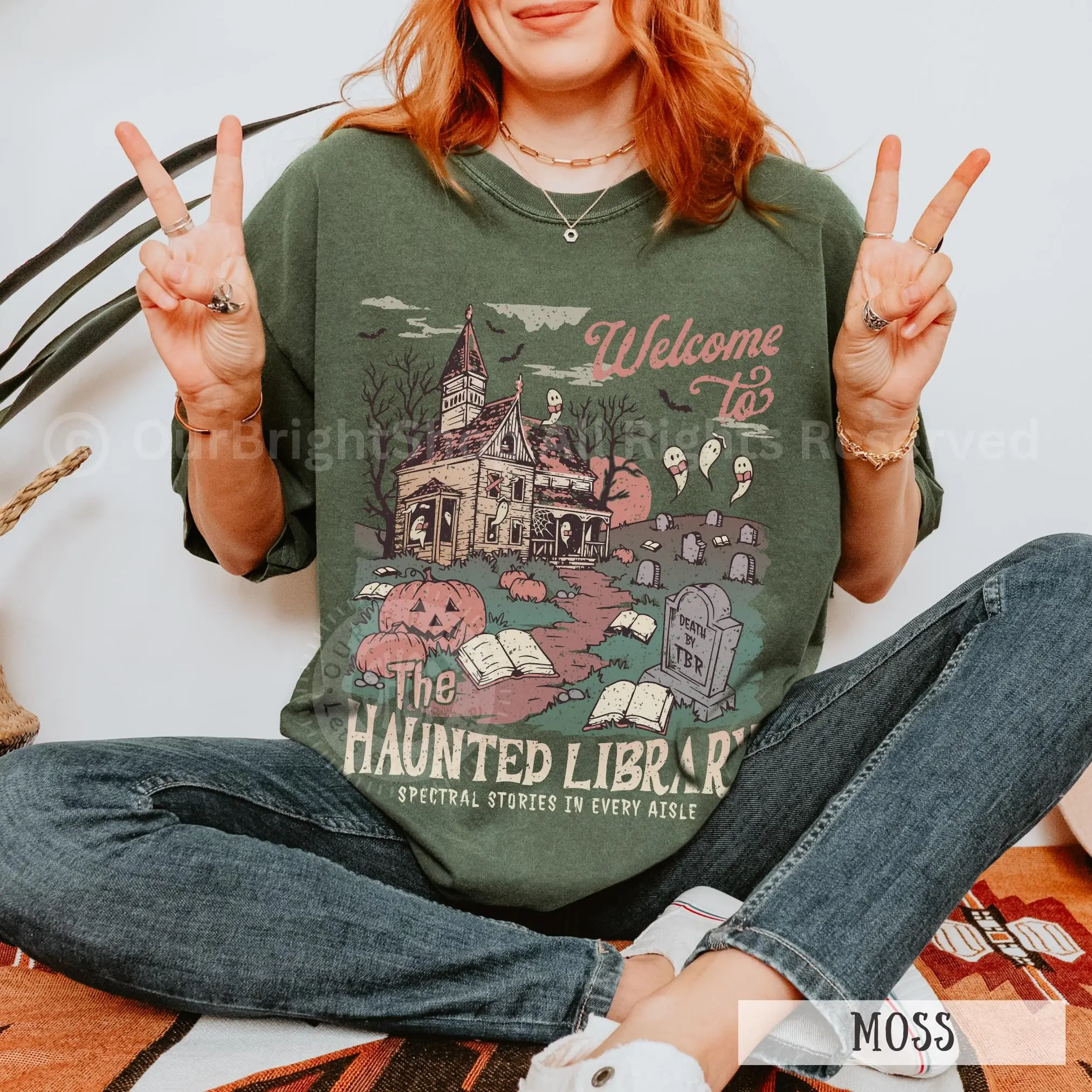 Comfort Colors Haunted Library Ghost Crewneck Tee, Funny Halloween Librarian Book Lover Spooky Reading Shirt - photo 4