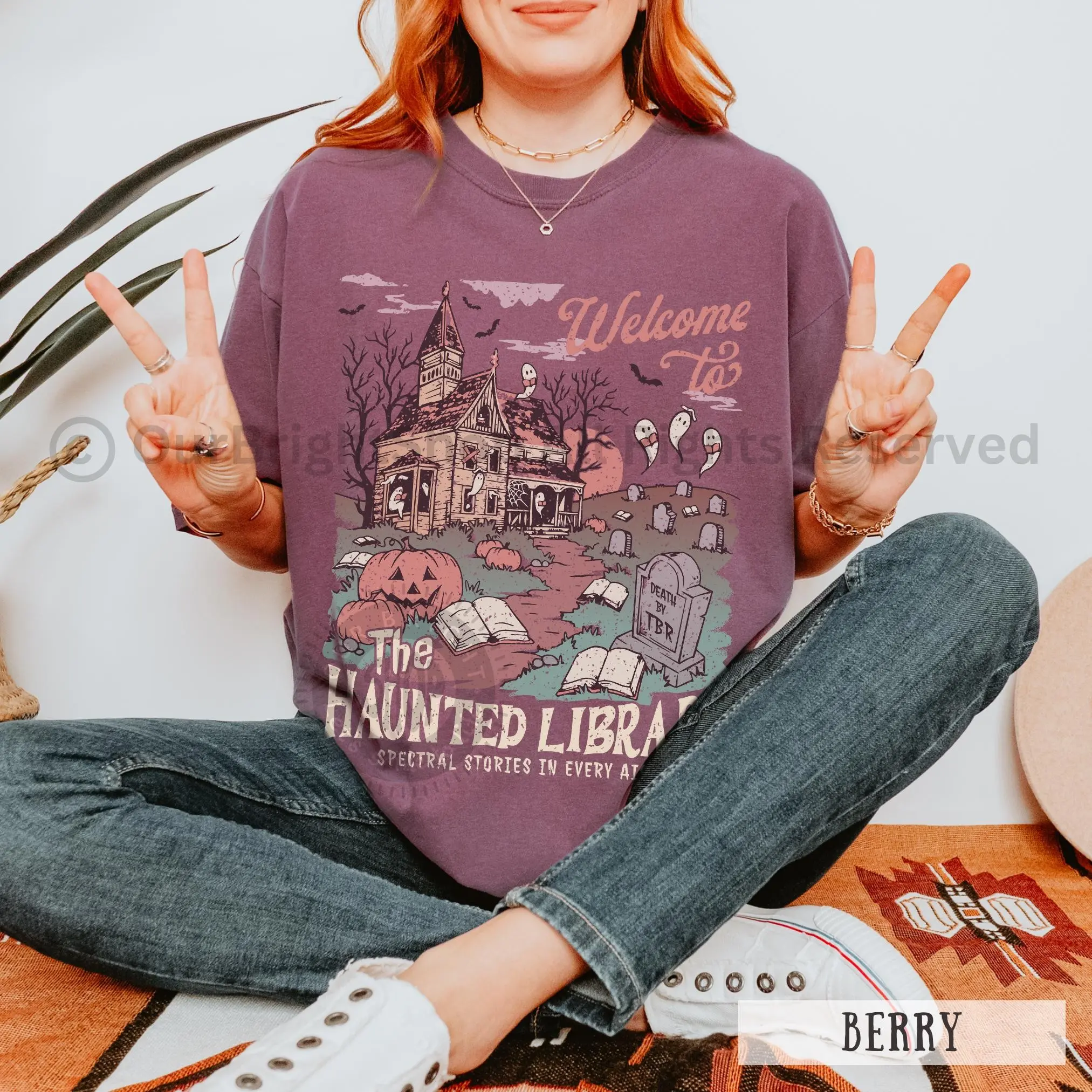 Comfort Colors Haunted Library Ghost Crewneck Tee, Funny Halloween Librarian Book Lover Spooky Reading Shirt - photo 5