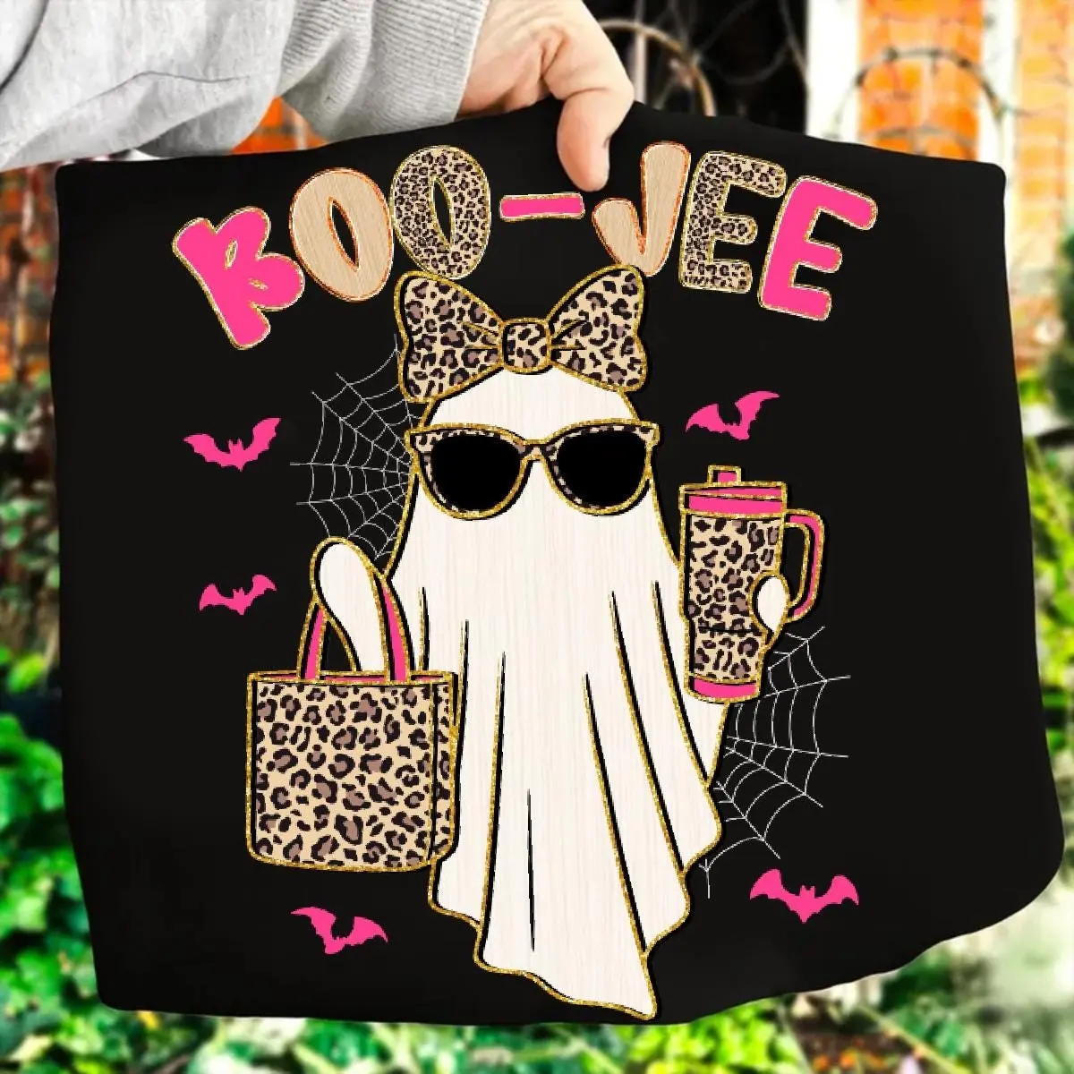 Comfort Colors Preppy Leopard Boo Jee Ghost T-Shirt, Pink Boujee Coffee Halloween Spooky Season Fall Pumpkin Tee