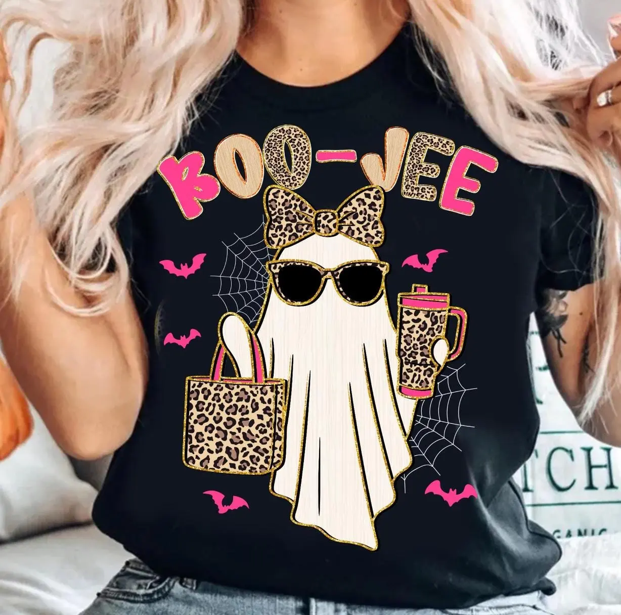 Comfort Colors Preppy Leopard Boo Jee Ghost T-Shirt, Pink Boujee Coffee Halloween Spooky Season Fall Pumpkin Tee - photo 2