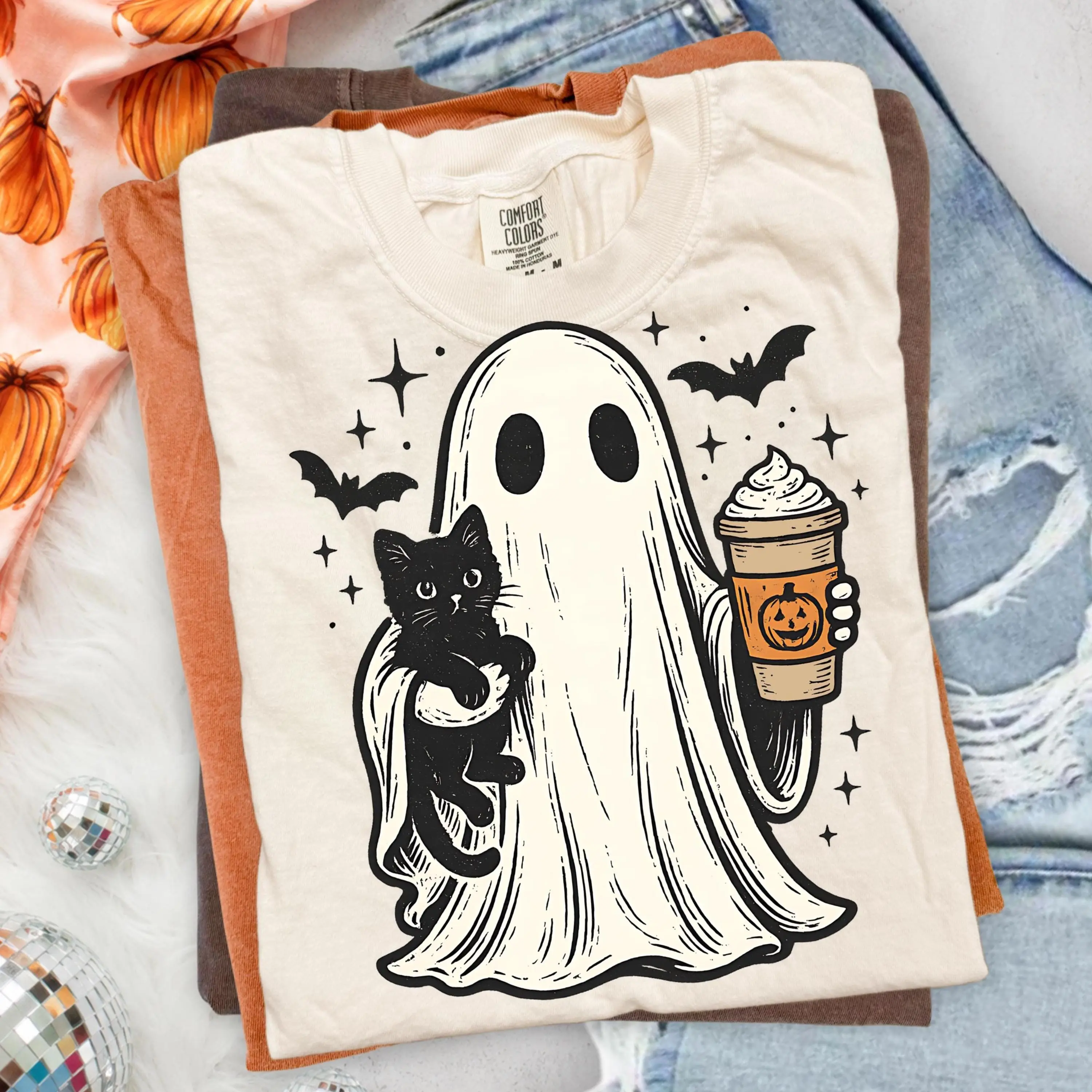 Comfort Colors Pumpkin Spice Ghost Cat Graphic Tee, Cute Funny Fall Autumn Halloween Costume Shirt