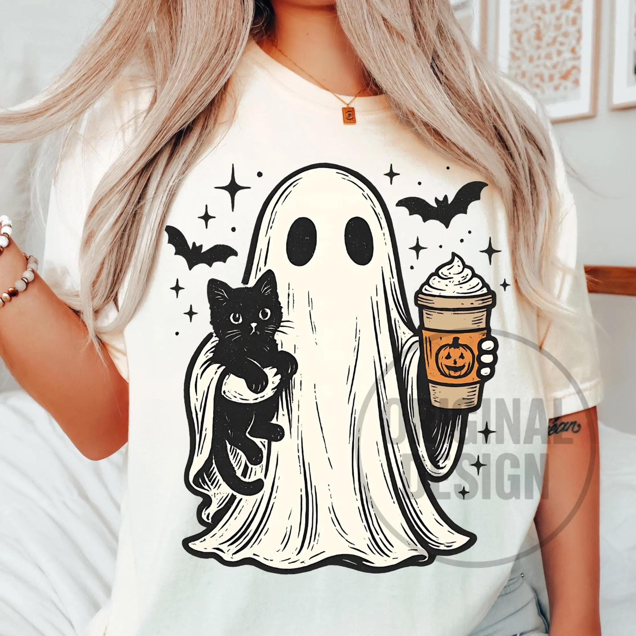 Comfort Colors Pumpkin Spice Ghost Cat Graphic Tee, Cute Funny Fall Autumn Halloween Costume Shirt - photo 2