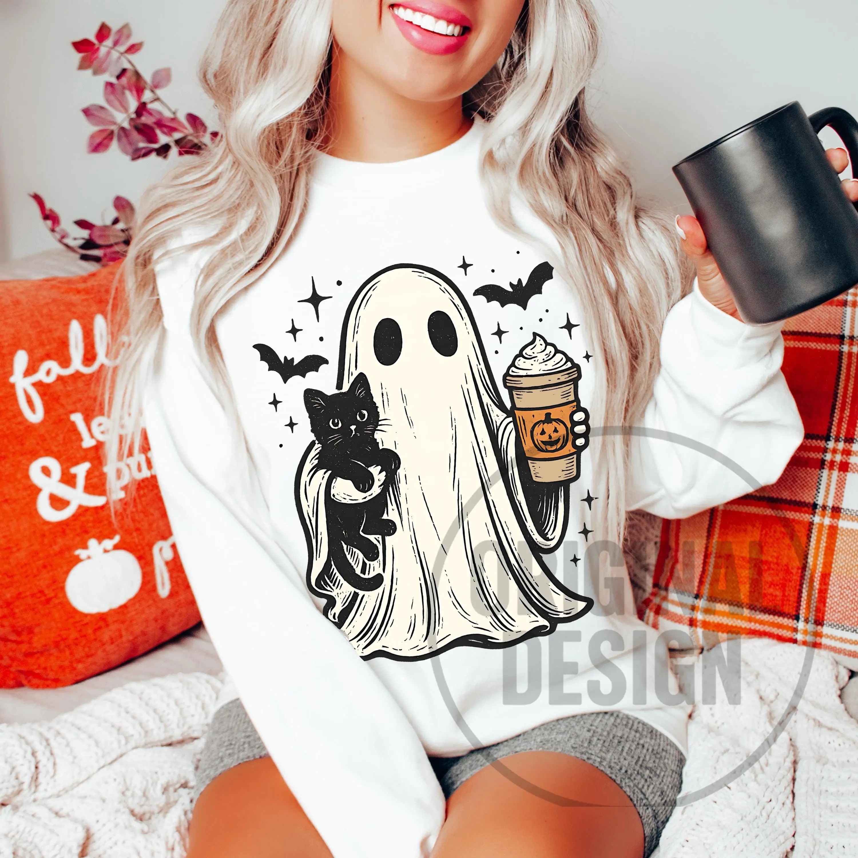 Comfort Colors Pumpkin Spice Ghost Cat Graphic Tee, Cute Funny Fall Autumn Halloween Costume Shirt - photo 3