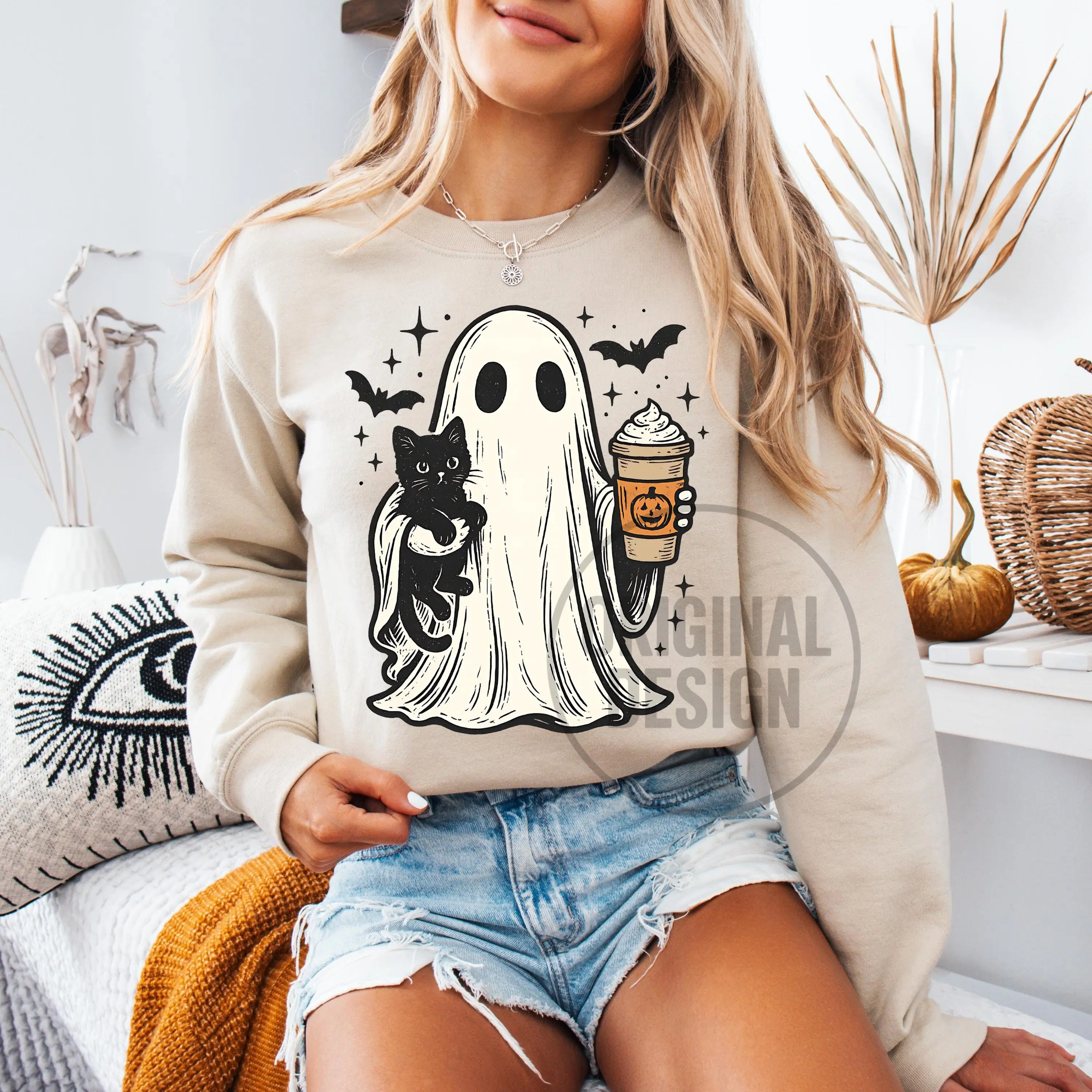 Comfort Colors Pumpkin Spice Ghost Cat Graphic Tee, Cute Funny Fall Autumn Halloween Costume Shirt - photo 4