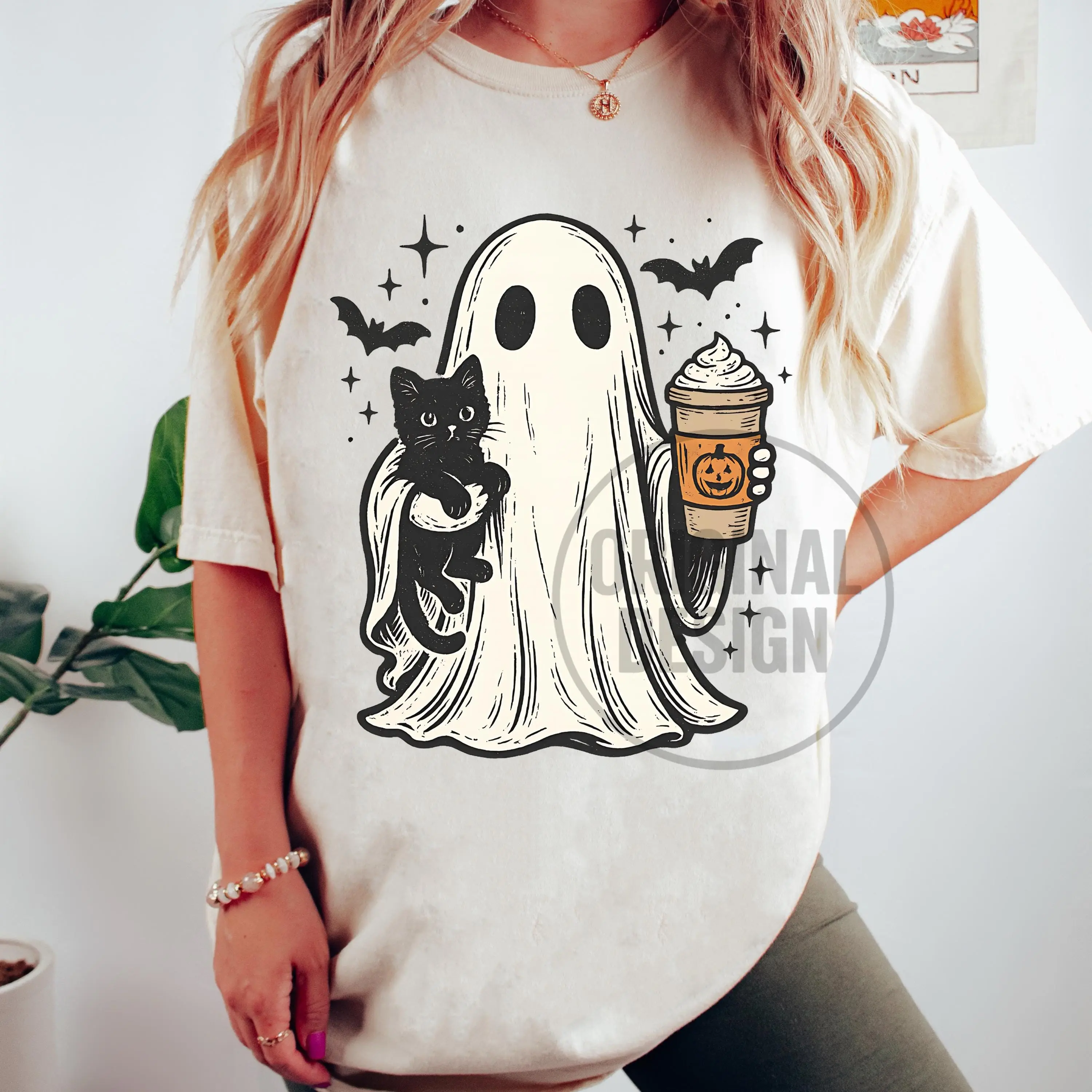 Comfort Colors Pumpkin Spice Ghost Cat Graphic Tee, Cute Funny Fall Autumn Halloween Costume Shirt - photo 5
