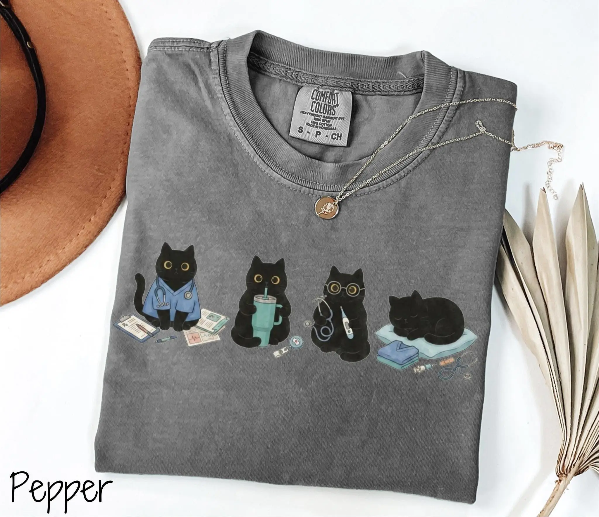 Comfort Color Black Cat Nurse Shirt, Cute Nursing Kitty Graphic Tee, Gift for Cat Lover Nurses - photo 3