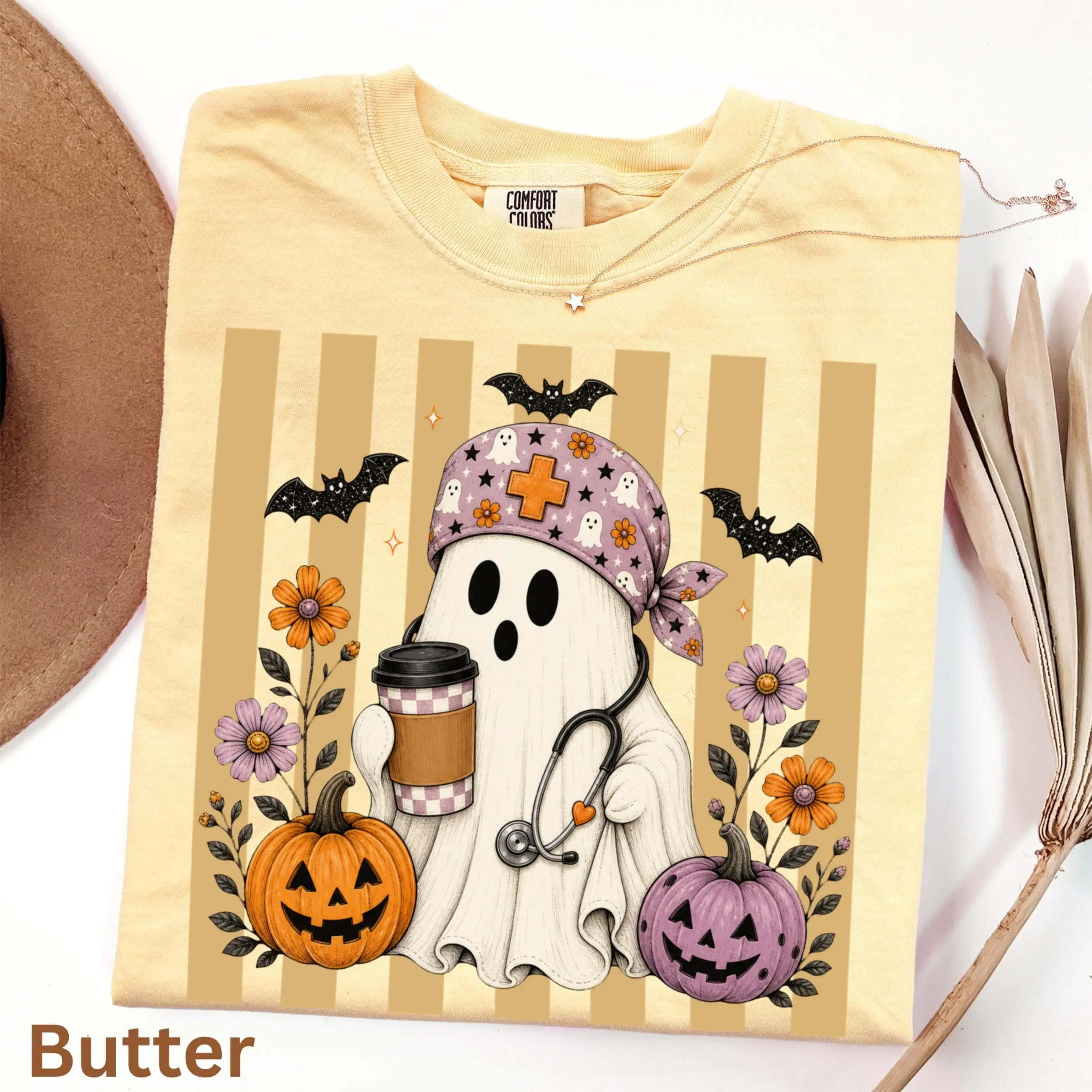 Comfort Color Cottagecore Nurse Ghost Halloween Shirt, Cozy Spooky Season Fall Nursing Gift Tee