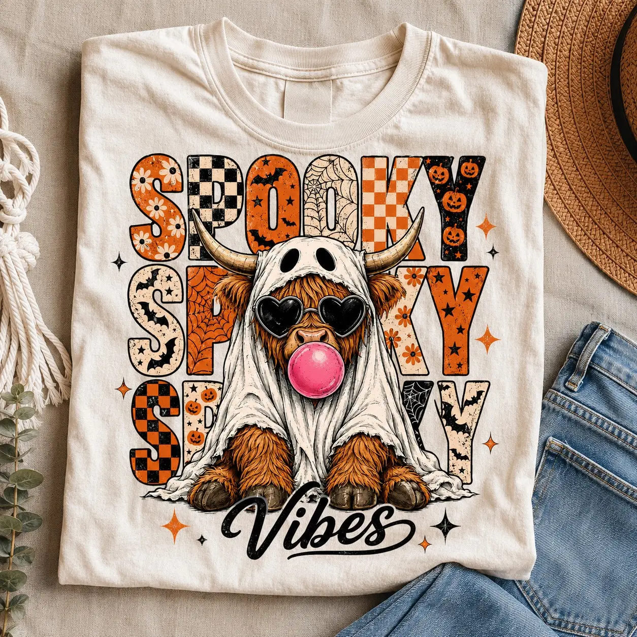 Comfort Colors Spooky Highland Cow Halloween T-Shirt, Cute Ghost Fall Graphic Tee for Women - photo 2