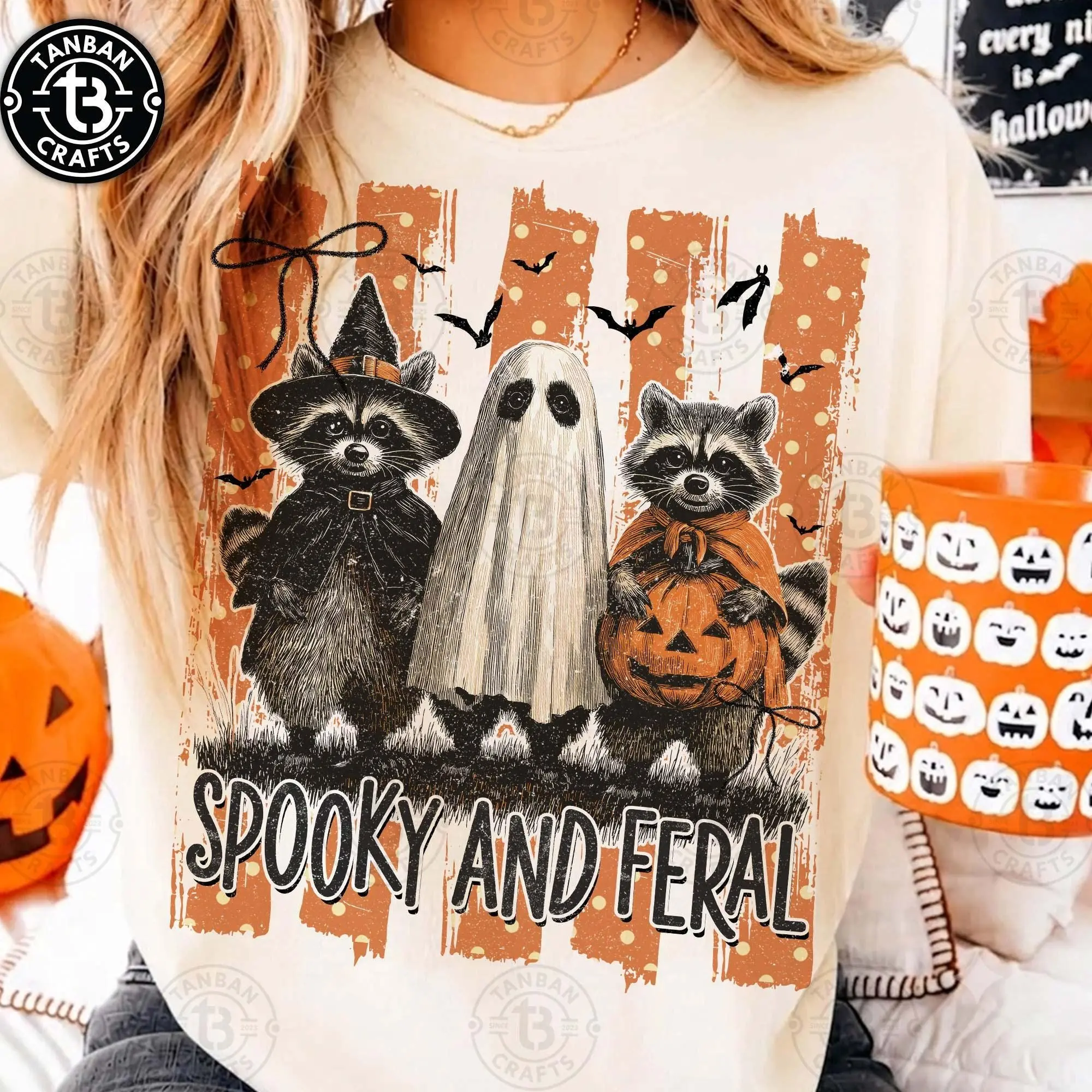 Comfort Colors Spooky Stripes Feral Raccoon Halloween T-Shirt, Creepy Cute Ghost Mama Graphic Tee for Women - photo 3