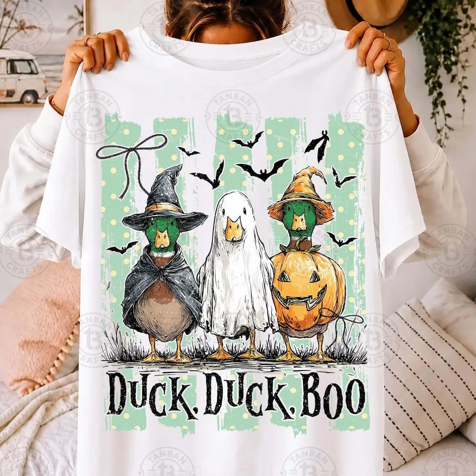 Comfort Colors Striped Duck Duck Boo Shirt, Funny Goose Halloween Tee, Trick Or Treat Spooky Pumpkin Top - photo 2
