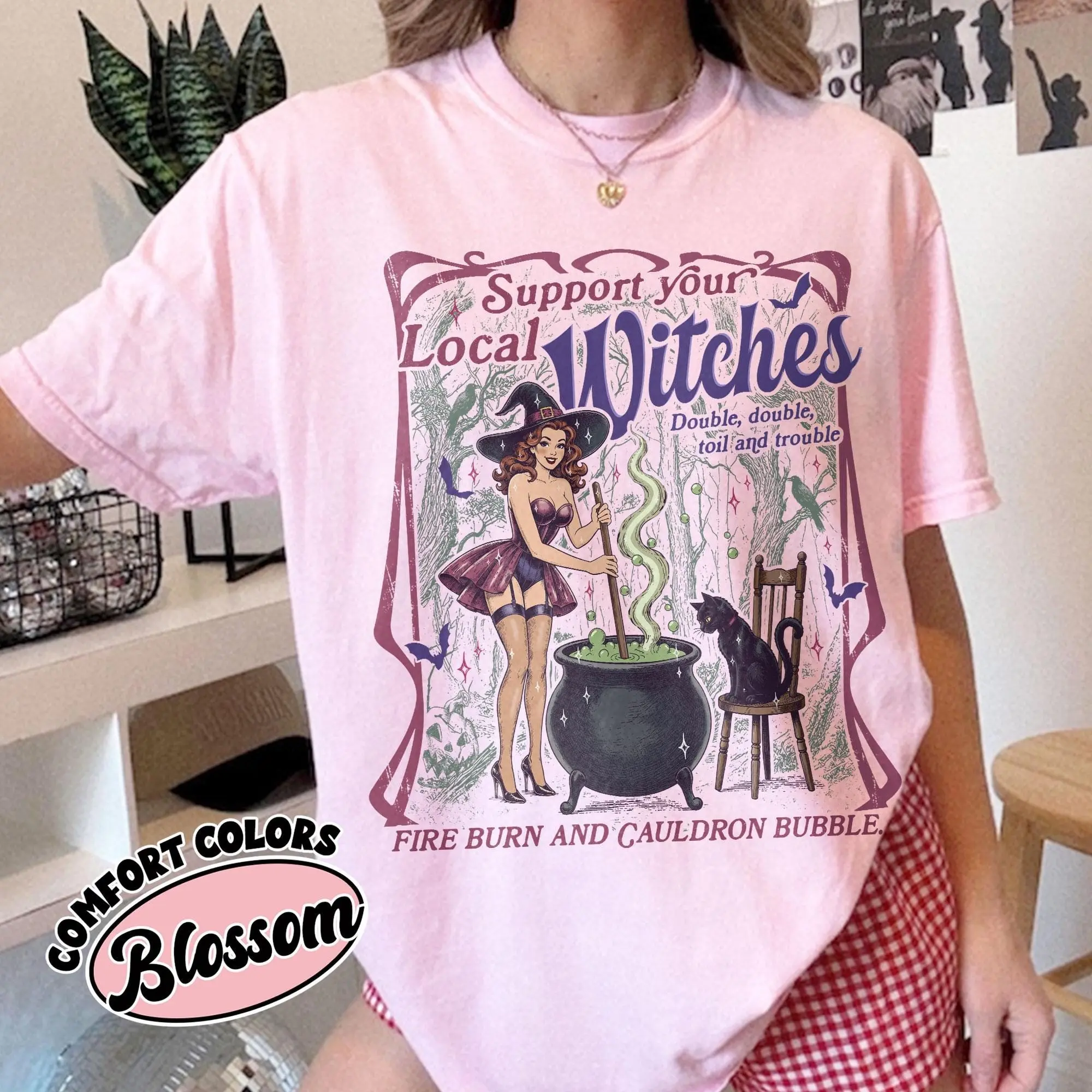 Comfort Color Support Your Local Witches Shirt, Witch And Cat Tee, Funny Spooky Halloween Tshirt, Witchy Vibes Apparel - photo 2