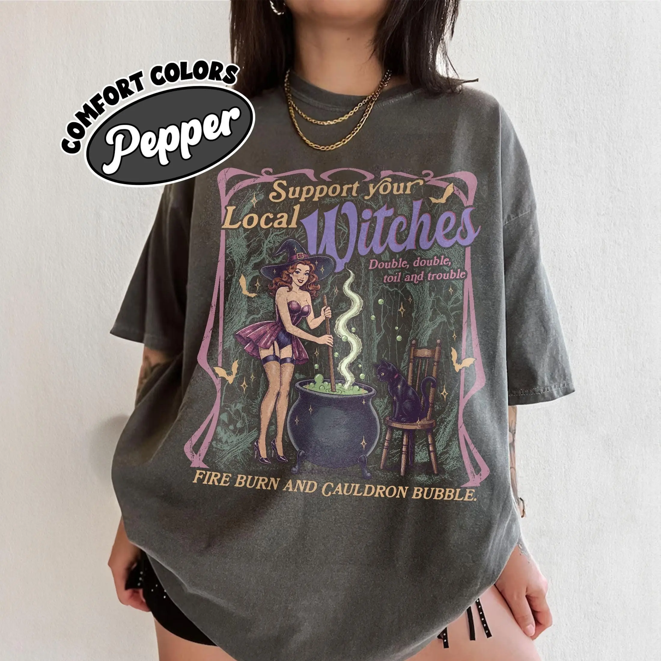 Comfort Color Support Your Local Witches Shirt, Witch And Cat Tee, Funny Spooky Halloween Tshirt, Witchy Vibes Apparel - photo 3