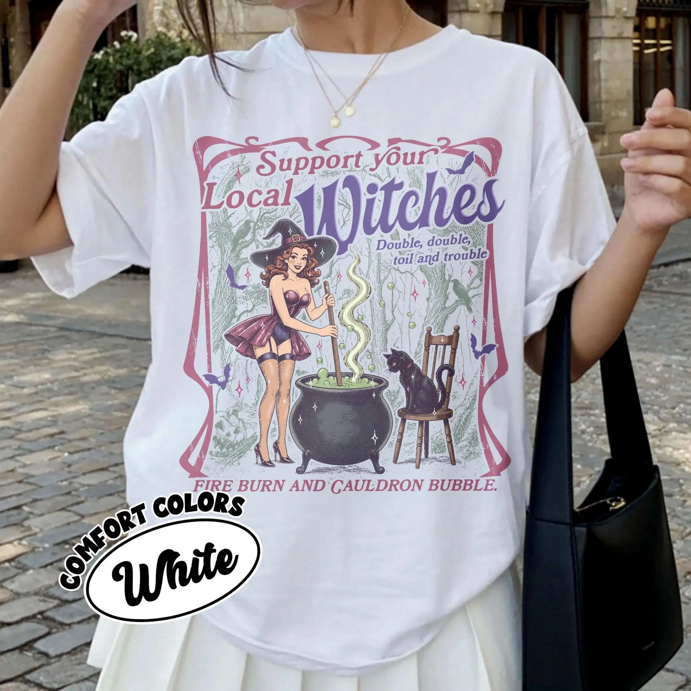 Comfort Color Support Your Local Witches Shirt, Witch And Cat Tee, Funny Spooky Halloween Tshirt, Witchy Vibes Apparel - photo 5