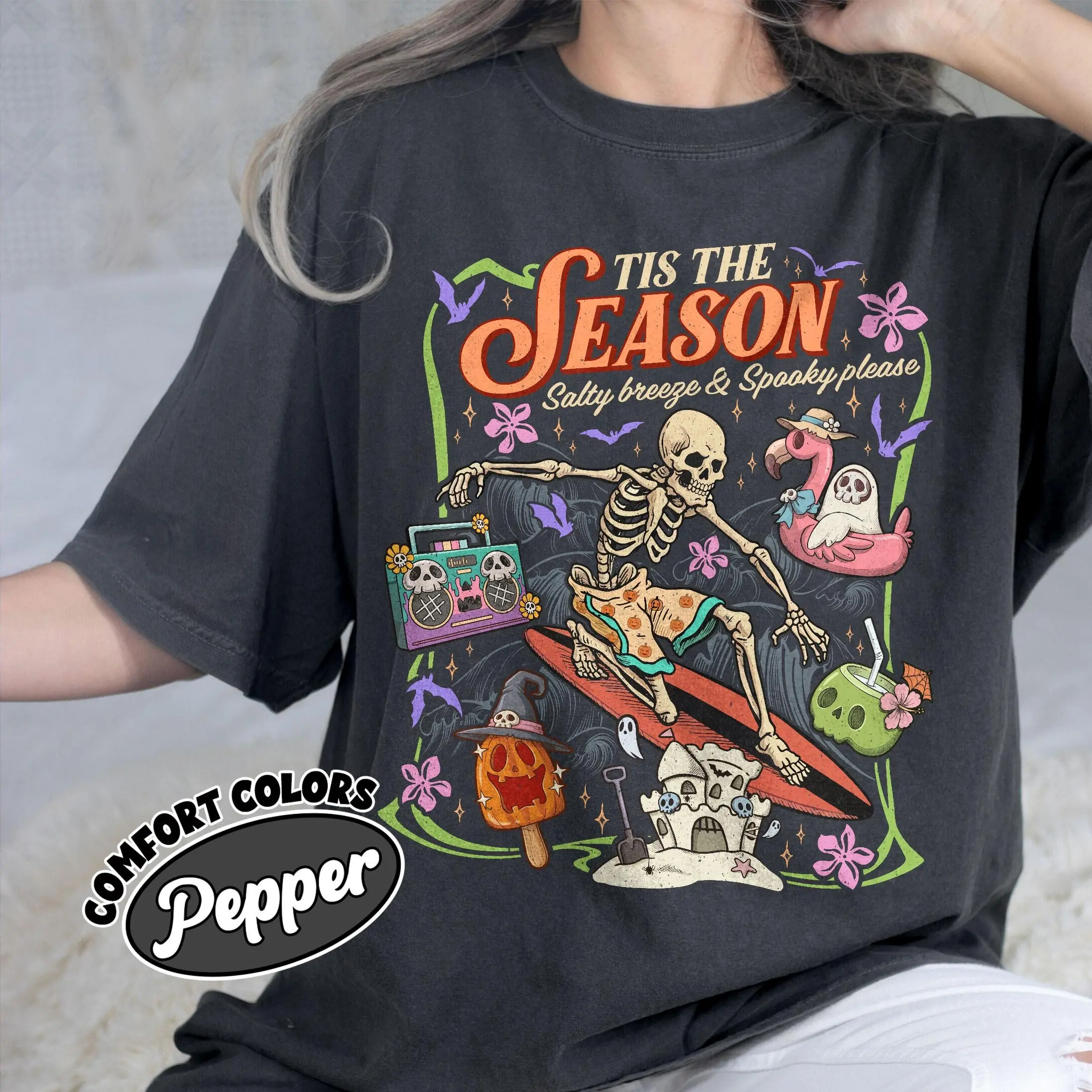 Comfort Color Tis the Season T-Shirt, Summerween Skeleton Tee, Summer Halloween Beach Vibes Tshirt, Funny Spooky Apperal