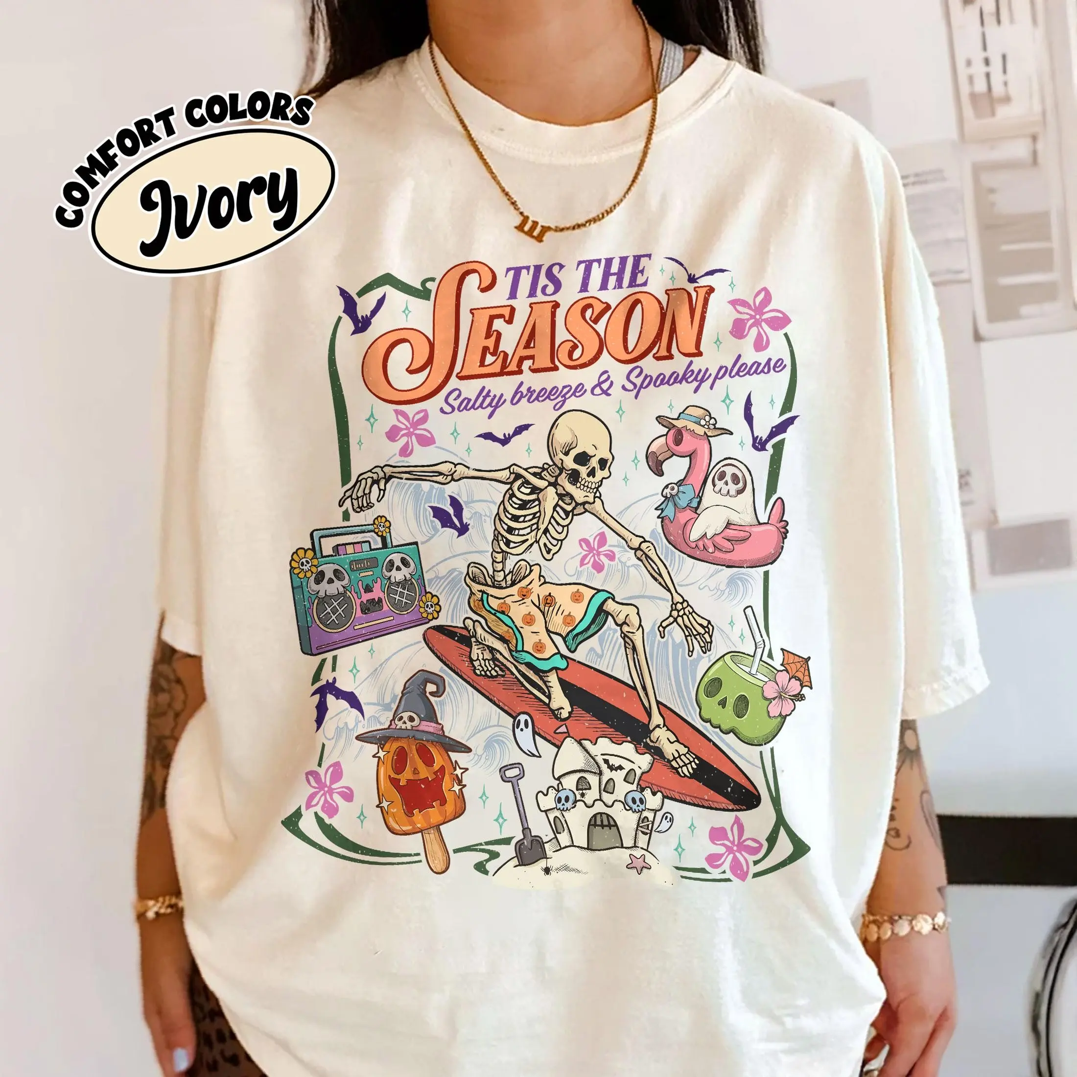 Comfort Color Tis the Season T-Shirt, Summerween Skeleton Tee, Summer Halloween Beach Vibes Tshirt, Funny Spooky Apperal - photo 3
