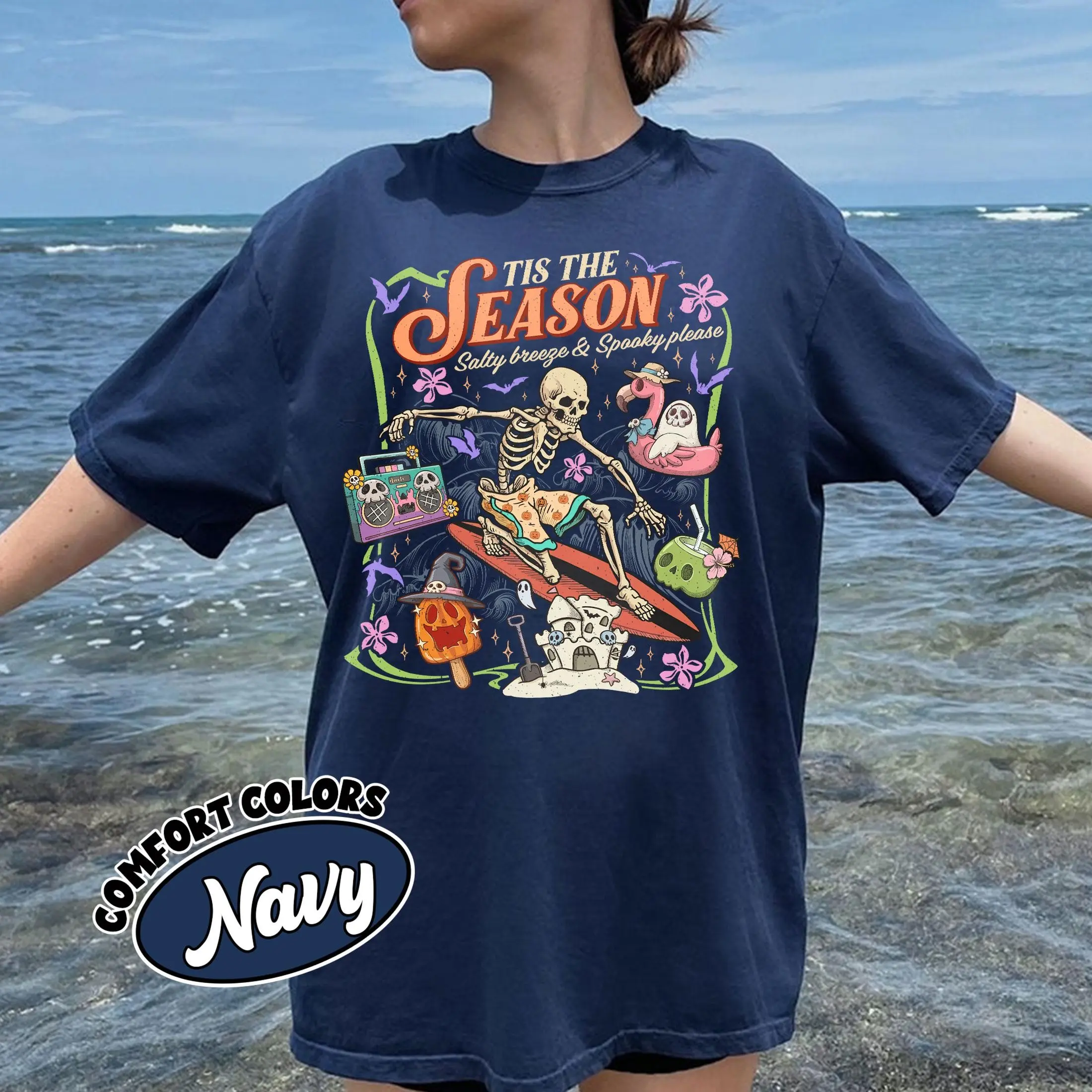 Comfort Color Tis the Season T-Shirt, Summerween Skeleton Tee, Summer Halloween Beach Vibes Tshirt, Funny Spooky Apperal - photo 5