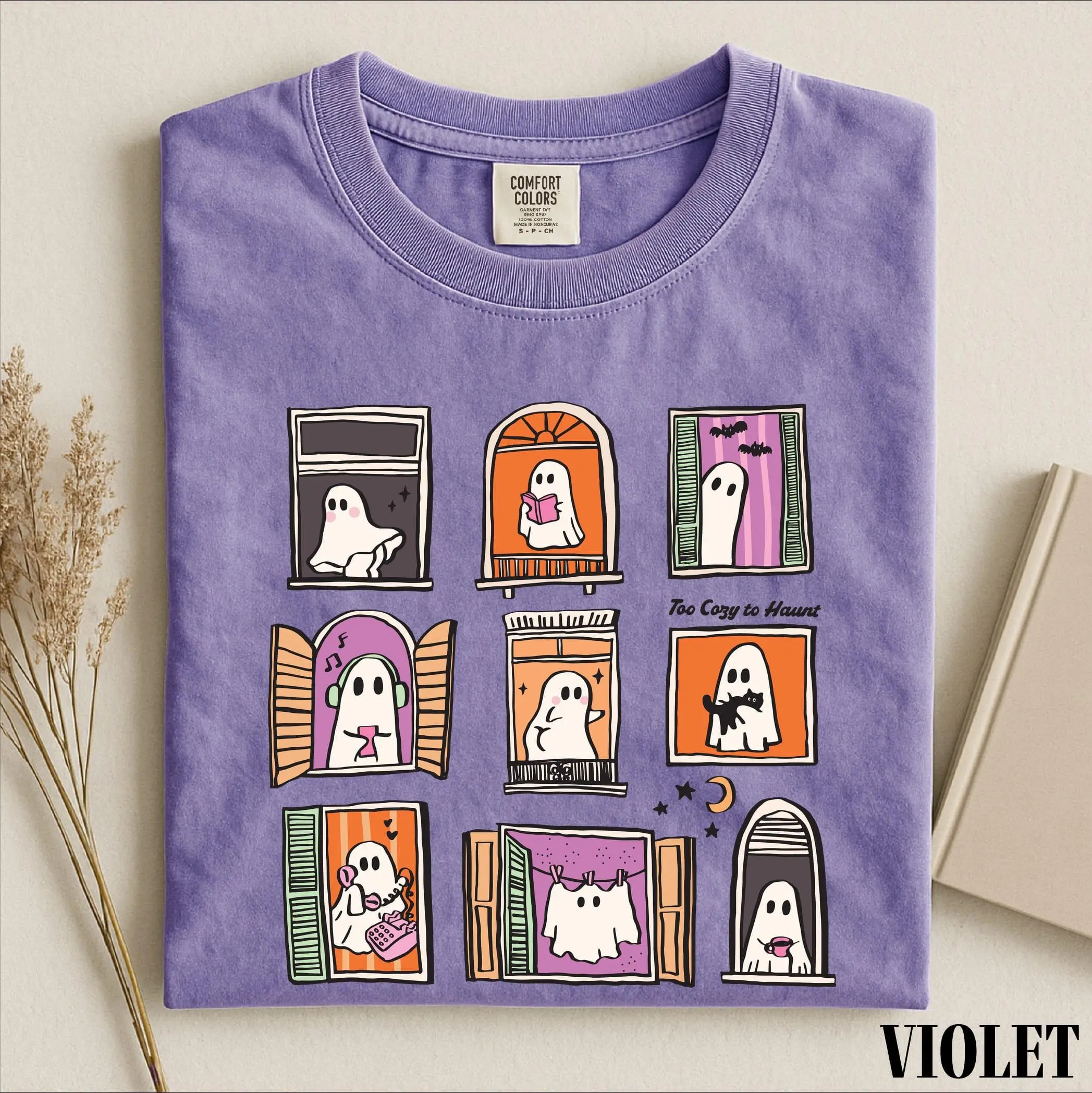 Comfort Colors Too Cozy To Haunt T-Shirt, Cute Ghost Window Graphic Tee
