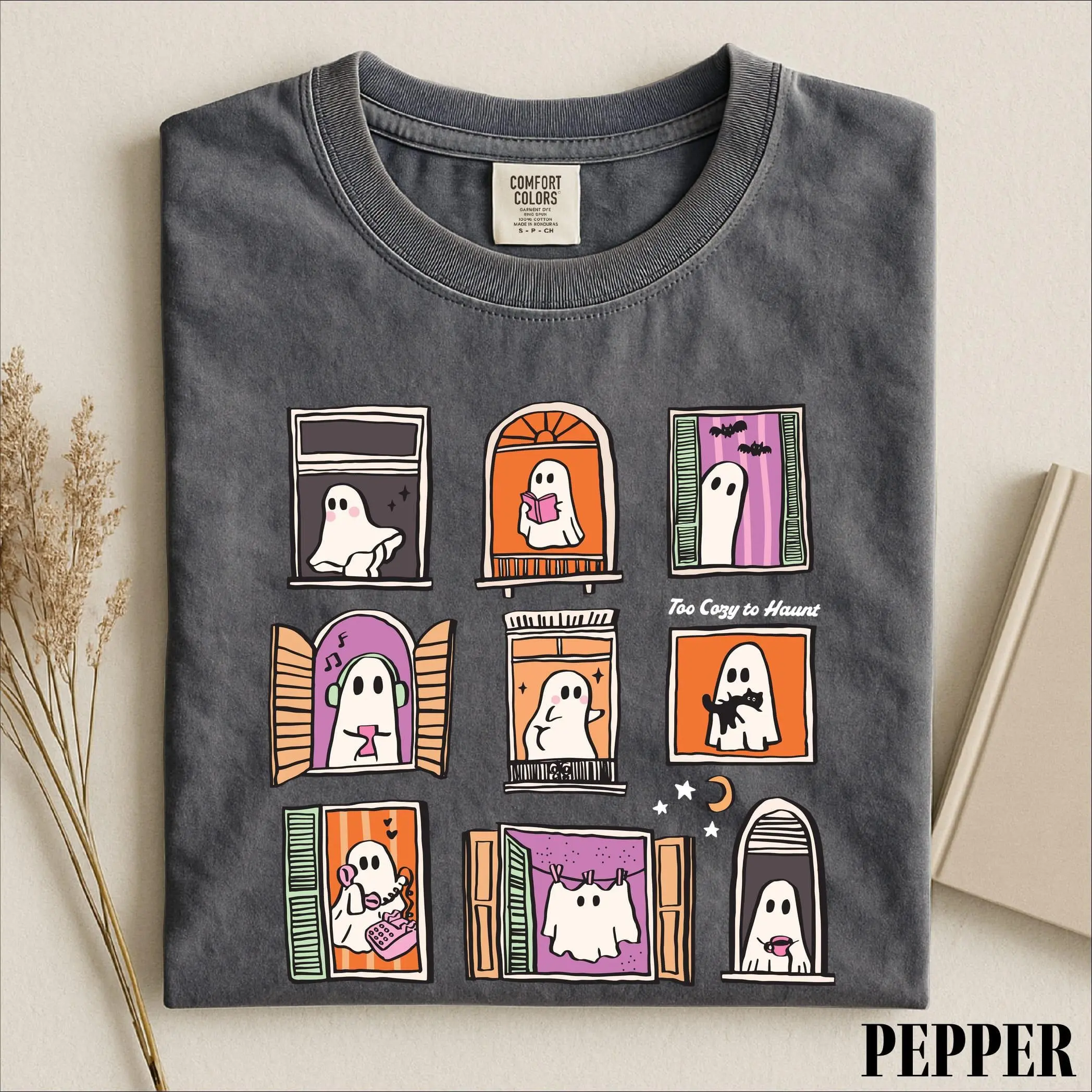 Comfort Colors Too Cozy To Haunt T-Shirt, Cute Ghost Window Graphic Tee - photo 5
