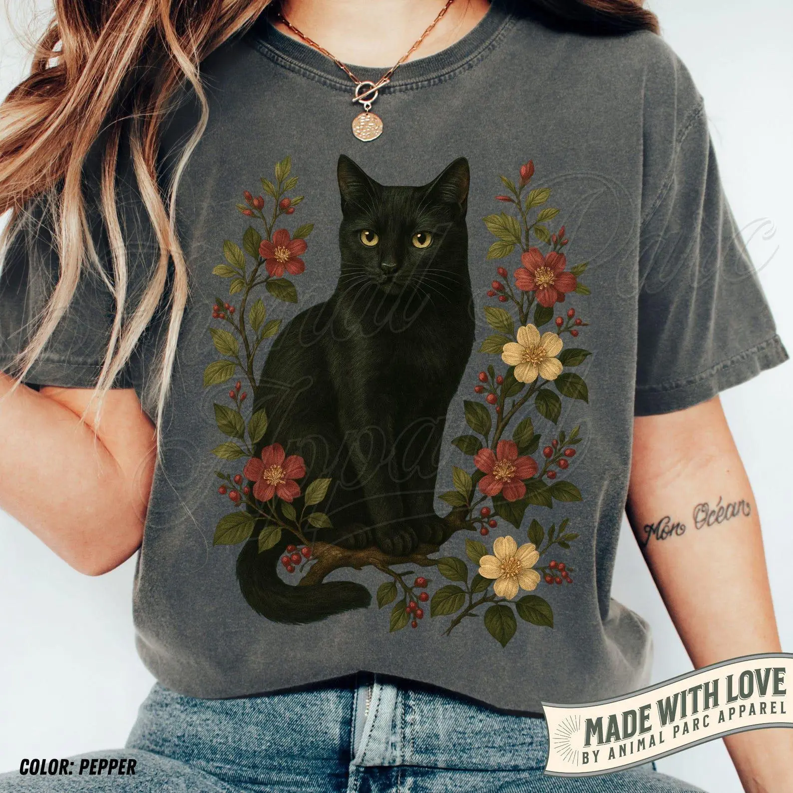 Comfort Colors Vintage Black Cat Shirt, Floral Botanical Cottagecore Boho Animal Lover Graphic Tee