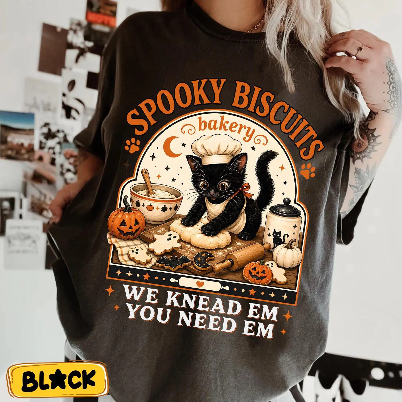 Comfort Colors Vintage Black Cat Biscuits Bakery T-Shirt, We Knead Em You Need Em Cute Spooky Halloween Tee
