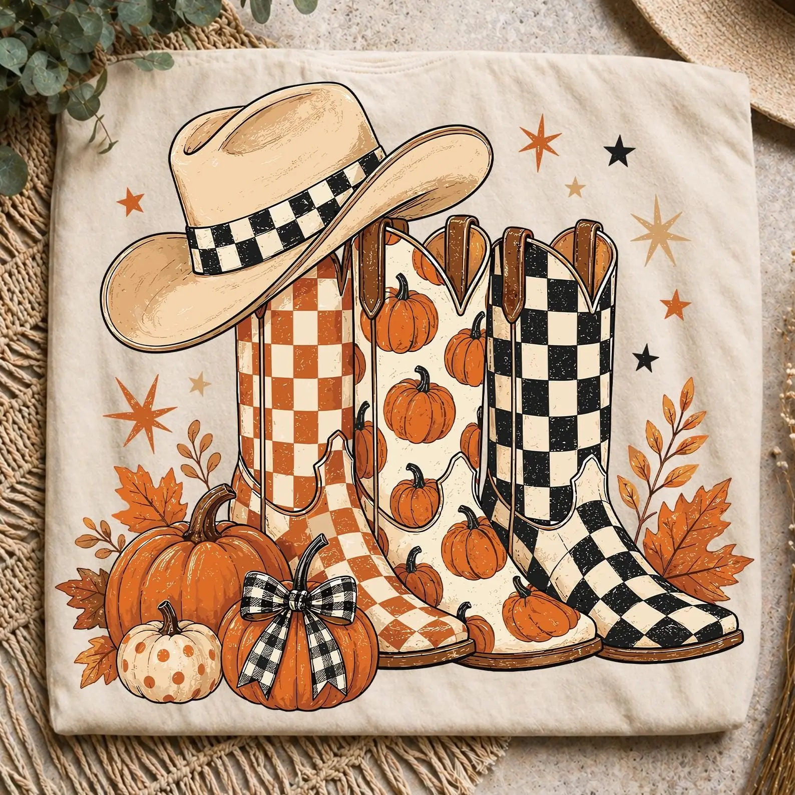 Comfort Colors Howdy Western Cowgirl Autumn T-Shirt, Cowboy Boots Checkered Leopard Polka Dot Pumpkin Fall Tee