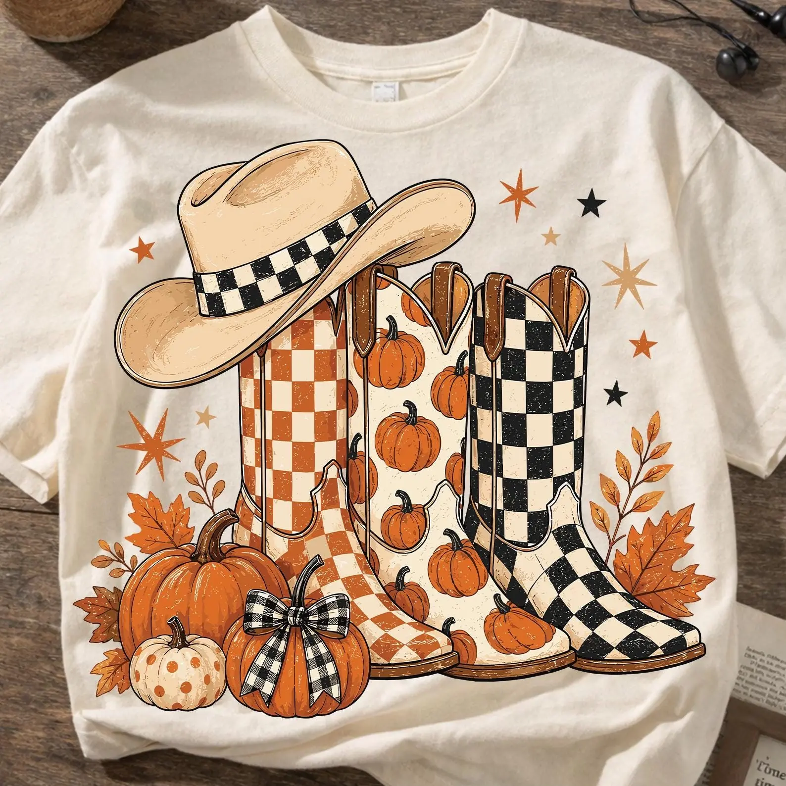 Comfort Colors Howdy Western Cowgirl Autumn T-Shirt, Cowboy Boots Checkered Leopard Polka Dot Pumpkin Fall Tee - photo 2
