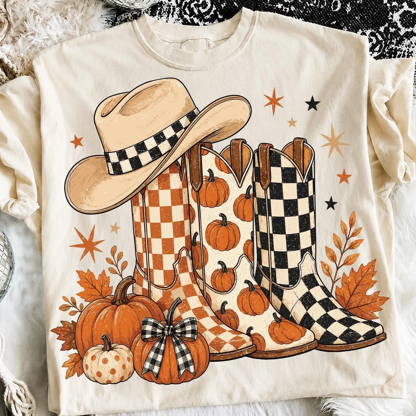Comfort Colors Howdy Western Cowgirl Autumn T-Shirt, Cowboy Boots Checkered Leopard Polka Dot Pumpkin Fall Tee - photo 3