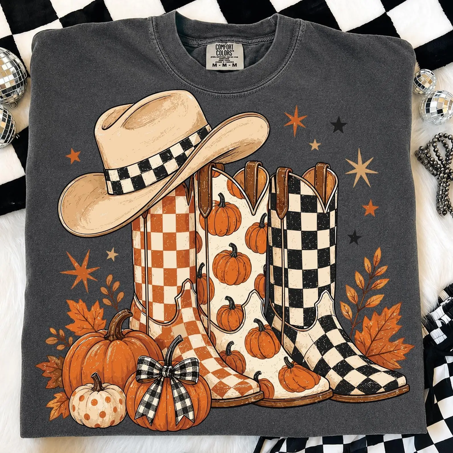 Comfort Colors Howdy Western Cowgirl Autumn T-Shirt, Cowboy Boots Checkered Leopard Polka Dot Pumpkin Fall Tee - photo 4
