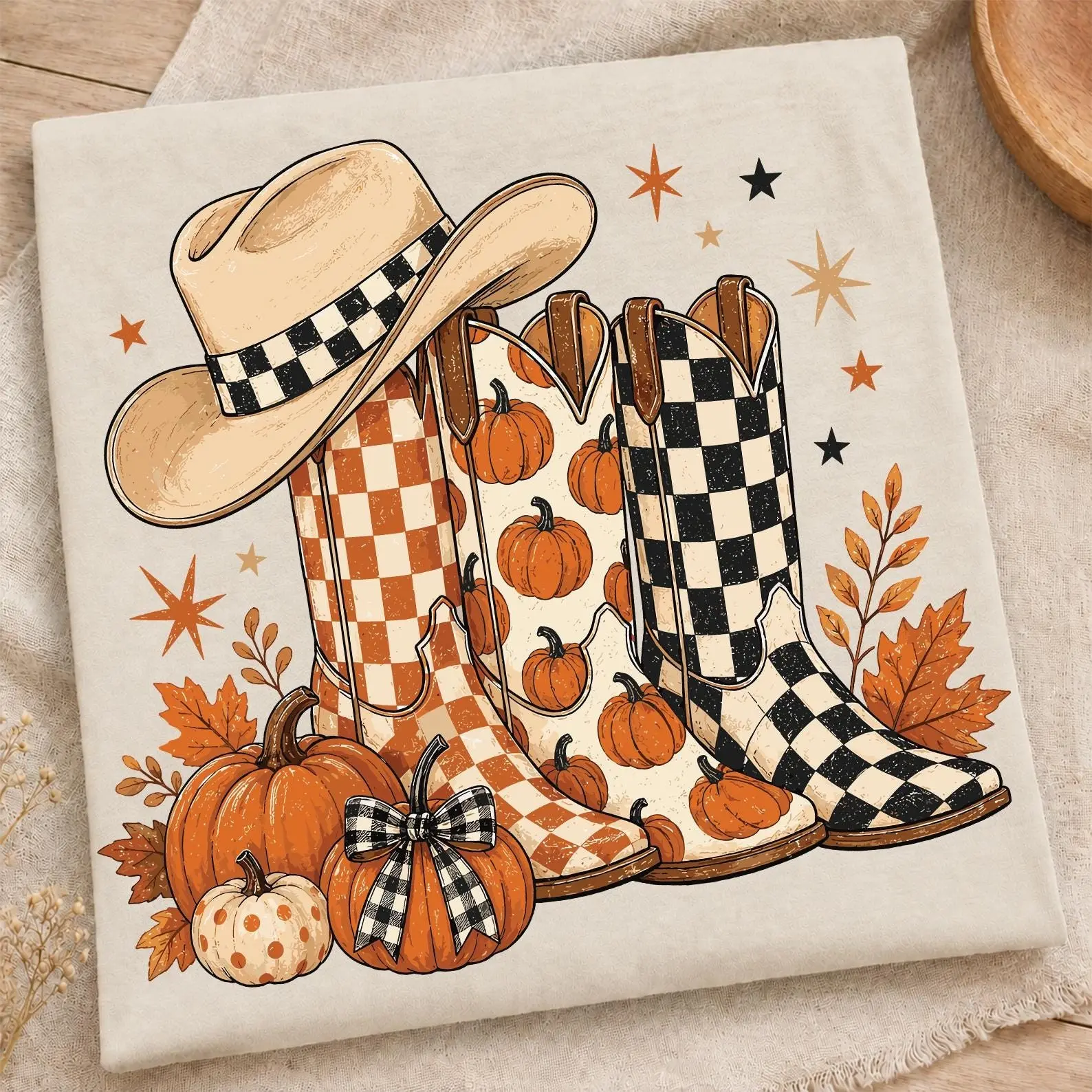 Comfort Colors Howdy Western Cowgirl Autumn T-Shirt, Cowboy Boots Checkered Leopard Polka Dot Pumpkin Fall Tee - photo 5
