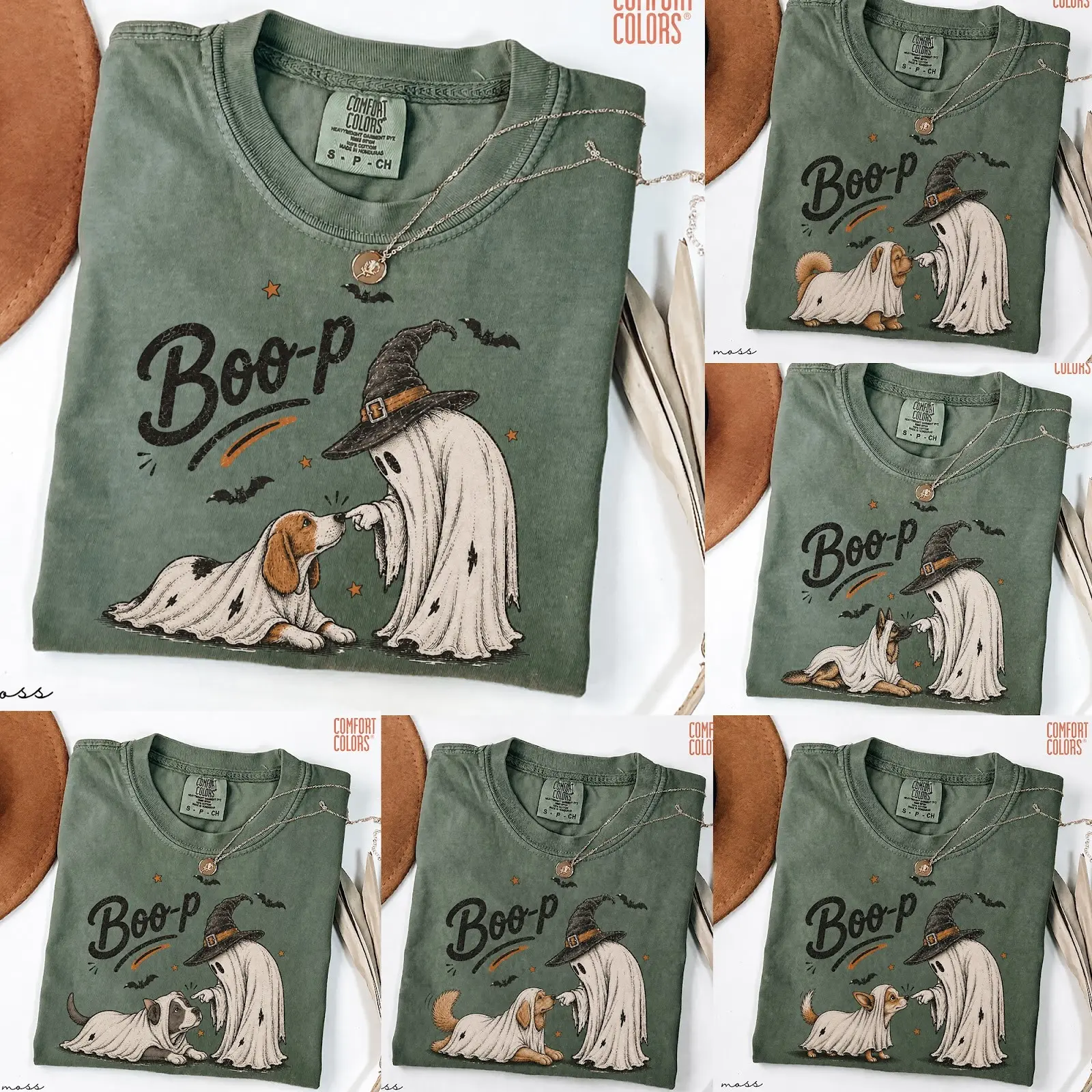 Comfort Colors 30+ Dog Breeds Boo-p Moss T-Shirt, Ghost Dog Collection Shirt, Funny Halloween Dog Mom Gift