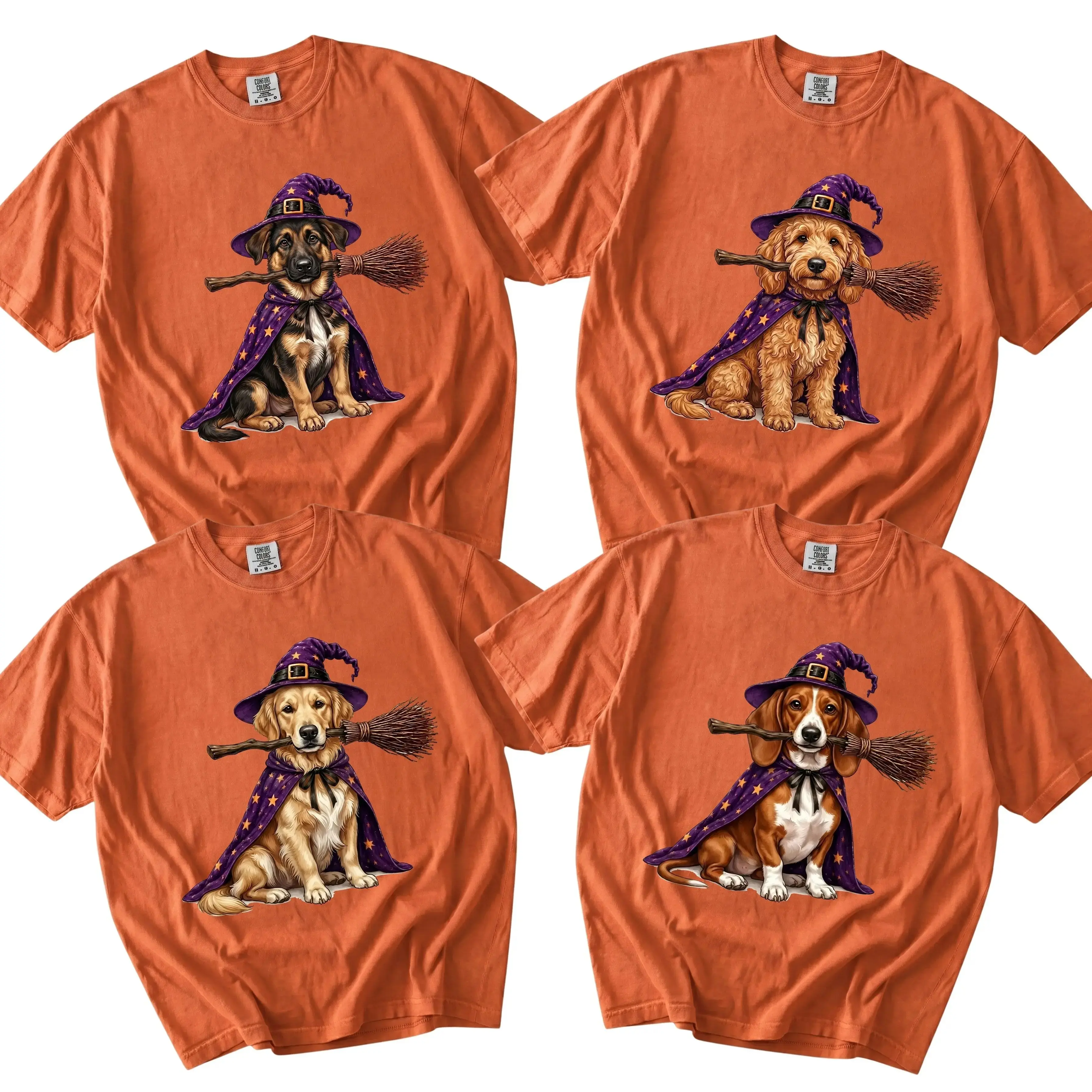 Comfort Colors Custom Dog Halloween Shirt, Personalized Pet Portrait Tee, Witch Riding Broom with Hat