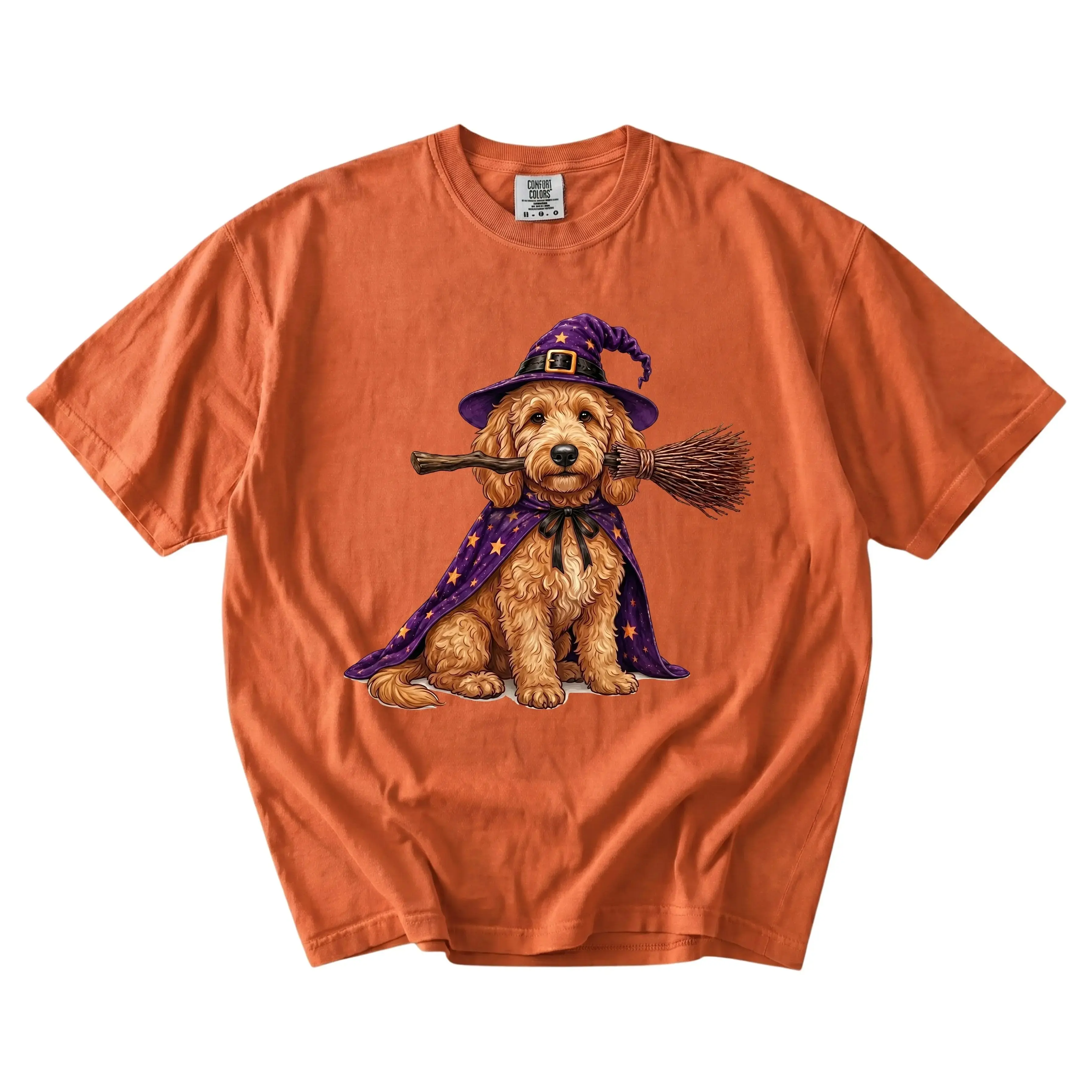 Comfort Colors Custom Dog Halloween Shirt, Personalized Pet Portrait Tee, Witch Riding Broom with Hat - photo 2