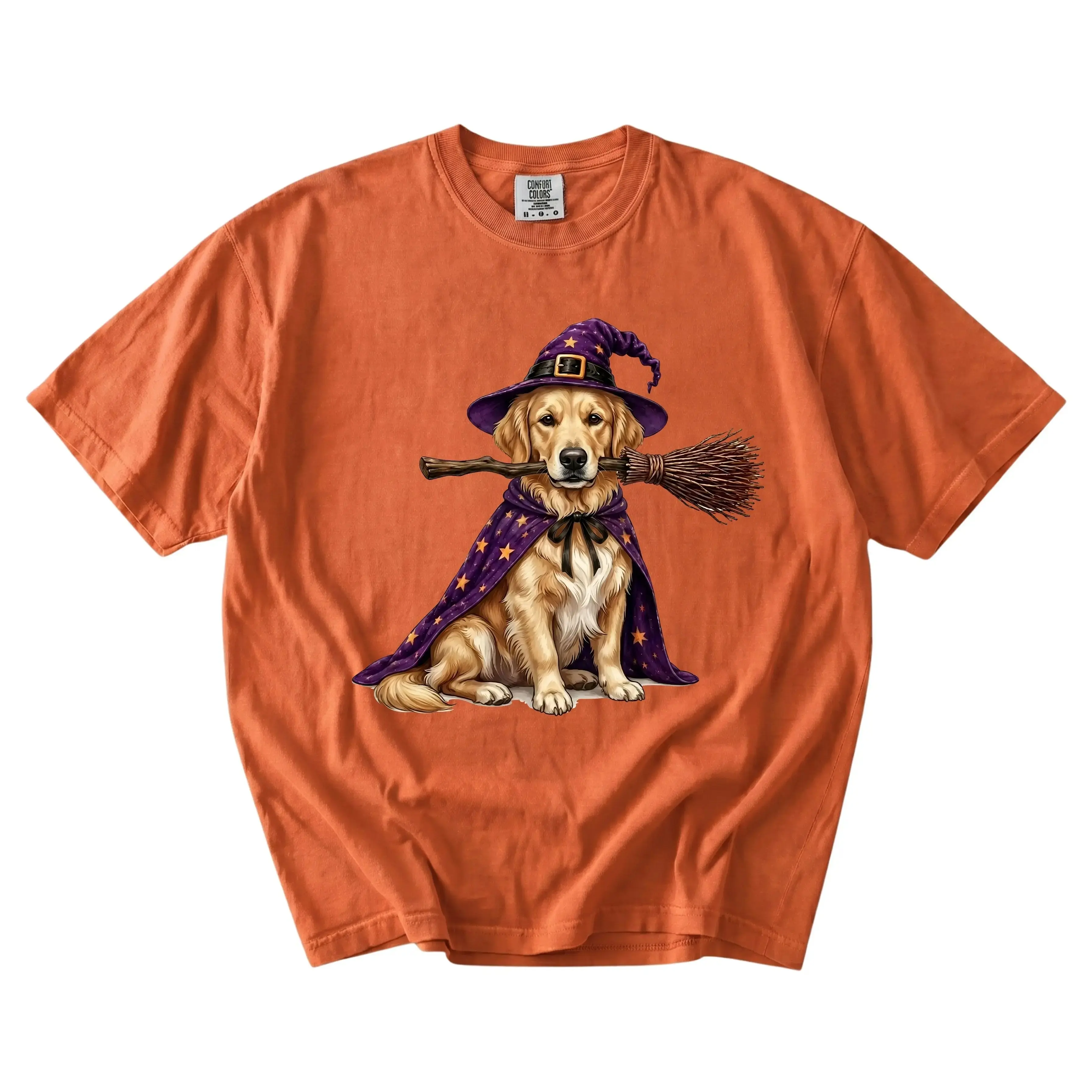 Comfort Colors Custom Dog Halloween Shirt, Personalized Pet Portrait Tee, Witch Riding Broom with Hat - photo 3